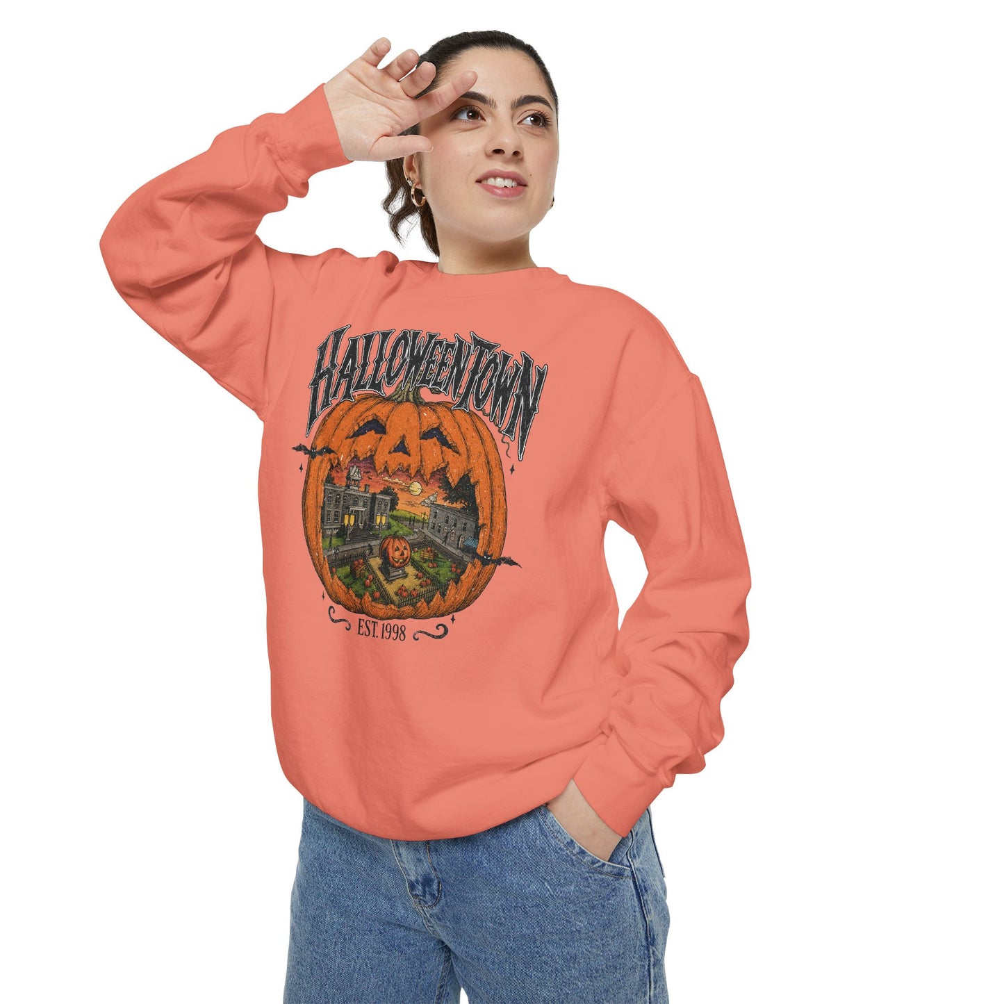 Halloweentown Pumpkin Crewneck Sweatshirt — Vintage Spooky Town Graphic