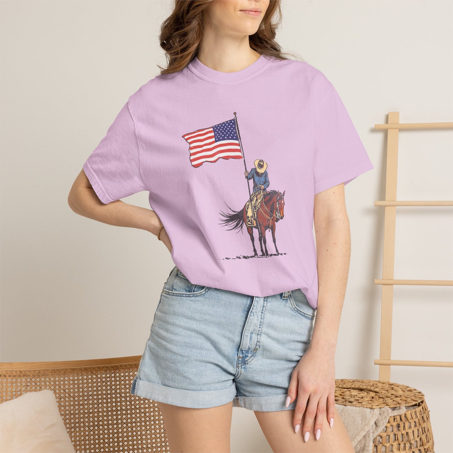 Patriotic Cowboy on Horse T-Shirt – American Flag Western Tee