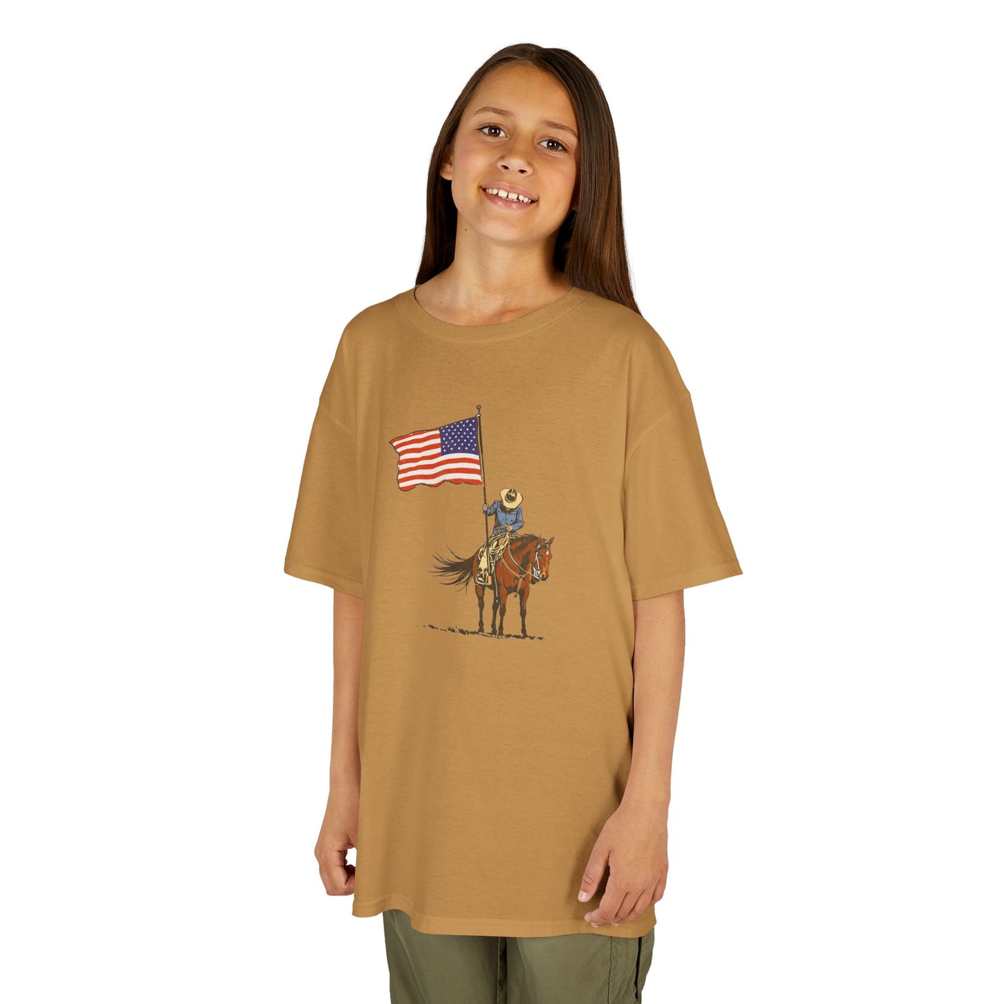 Kids Tee — Cowboy on Horse Holding American Flag (Patriotic Western Shirt)