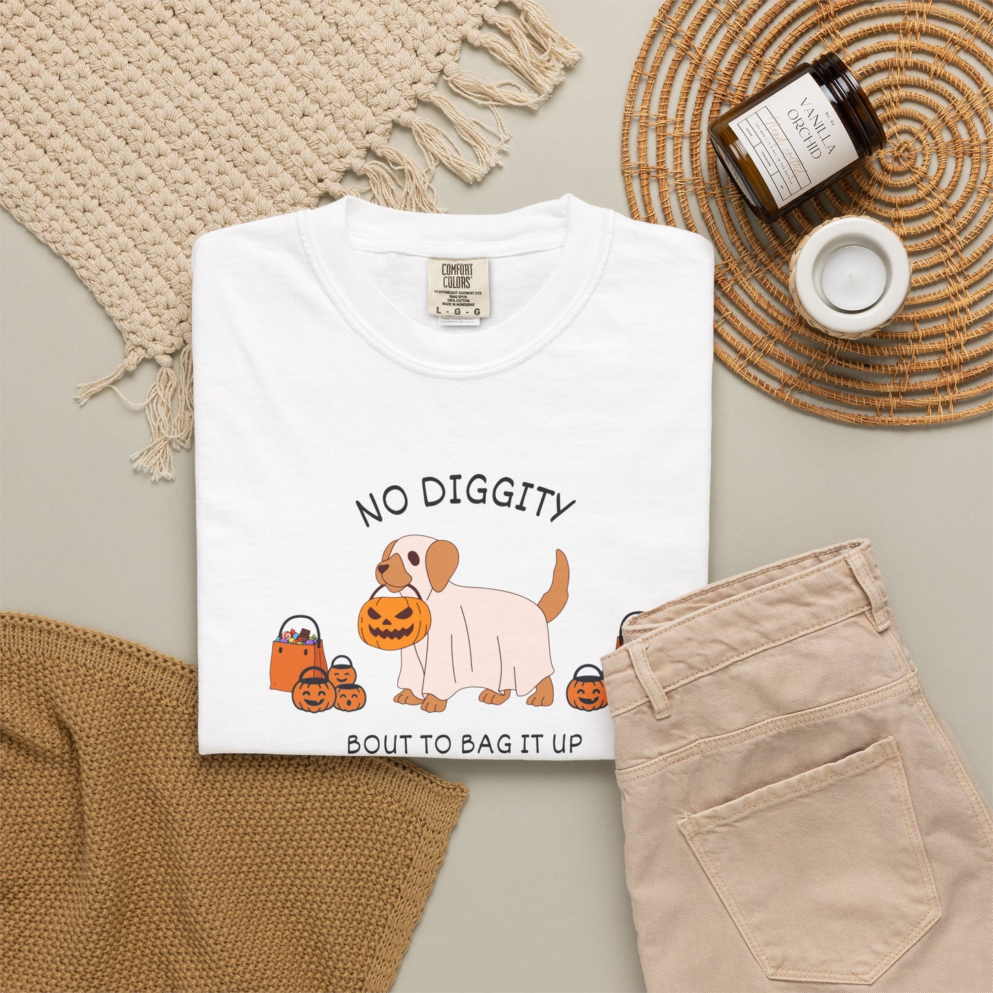 No Diggity Dog T-Shirt — Cute Puppy with Pumpkins "Bout to Bag It Up"