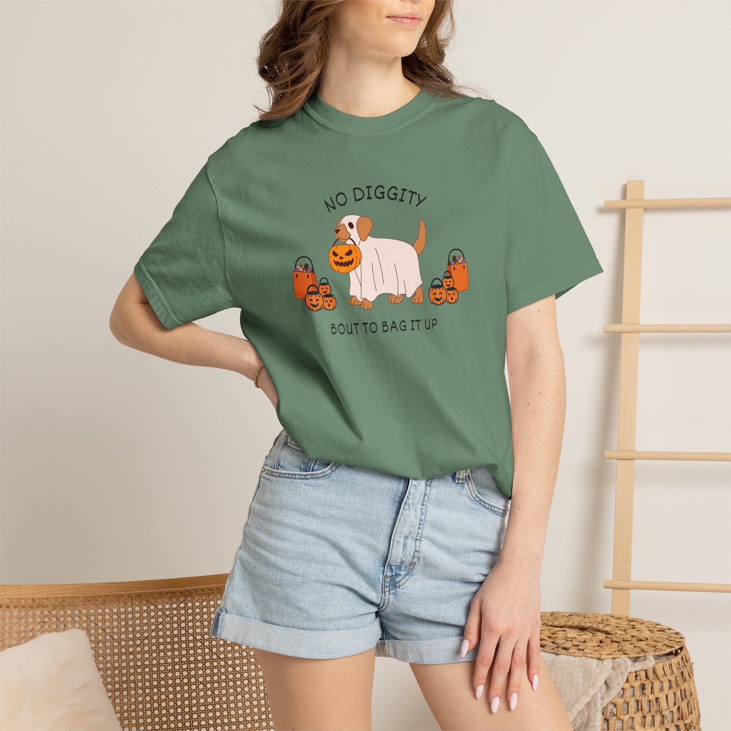 No Diggity Dog T-Shirt — Cute Puppy with Pumpkins "Bout to Bag It Up"