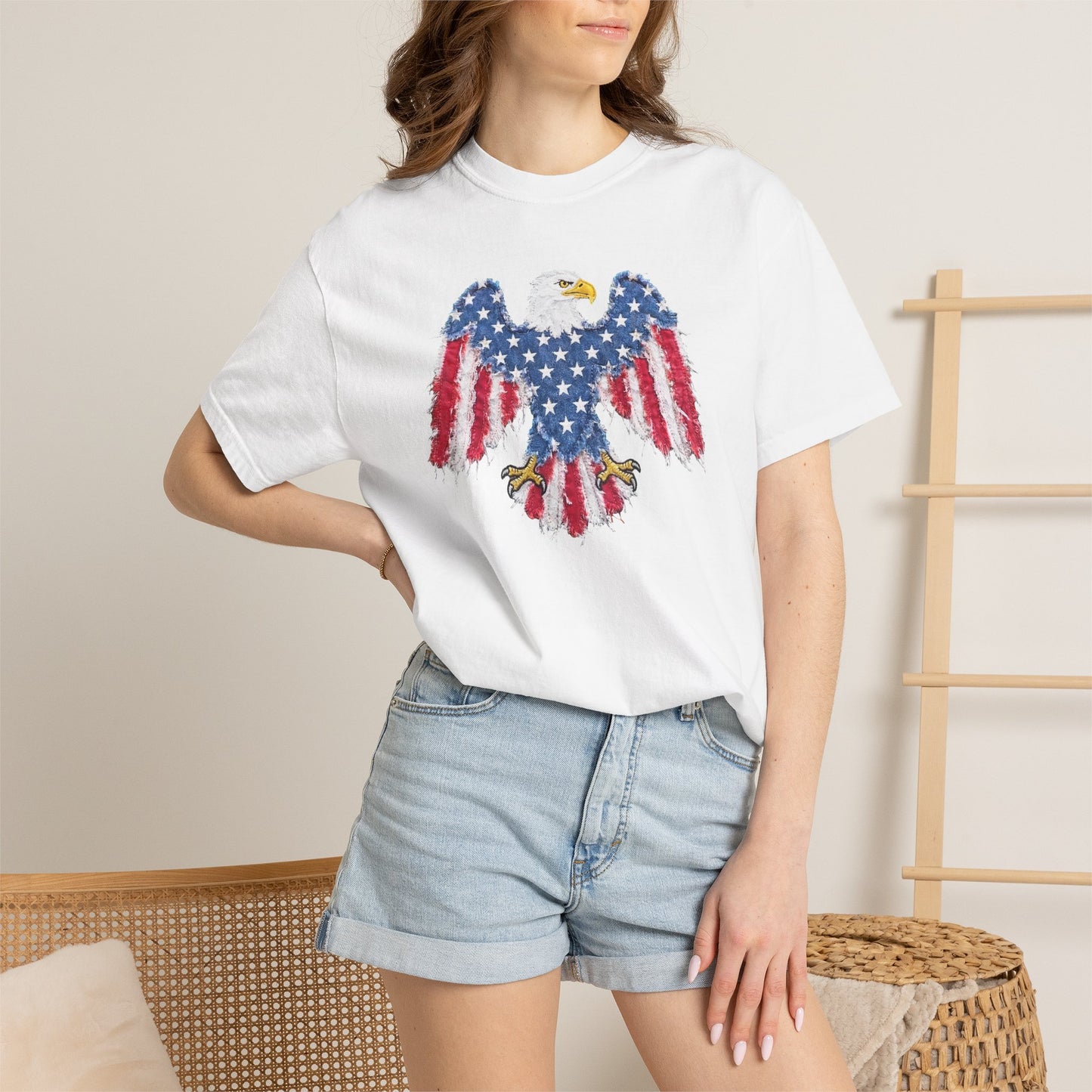 Patriotic Eagle Print T-Shirt — Distressed American Flag Graphic