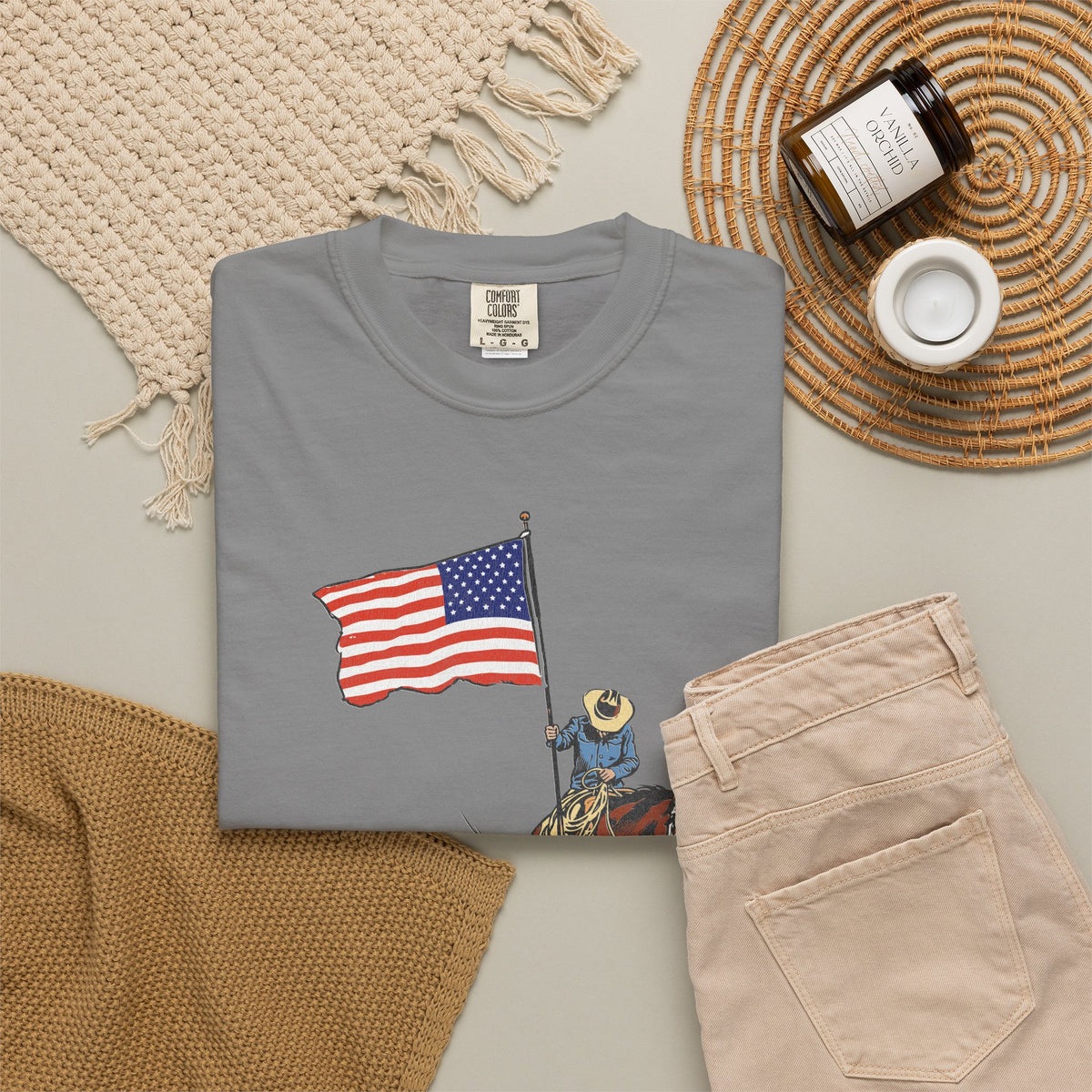 Patriotic Cowboy on Horse T-Shirt – American Flag Western Tee
