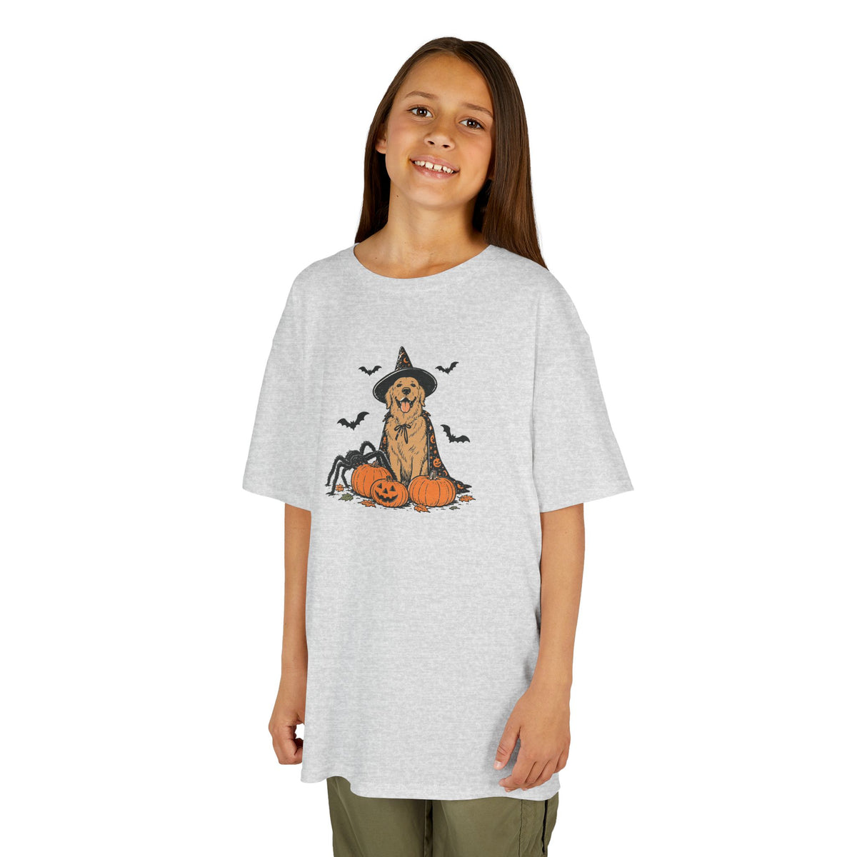 Kids Halloween Witch Tee – Cute Witch Dog with Pumpkins Kids T-Shirt