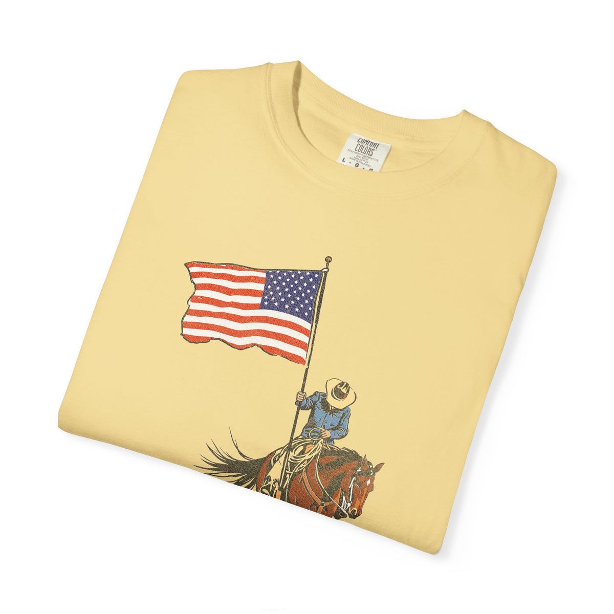 Patriotic Cowboy on Horse T-Shirt – American Flag Western Tee