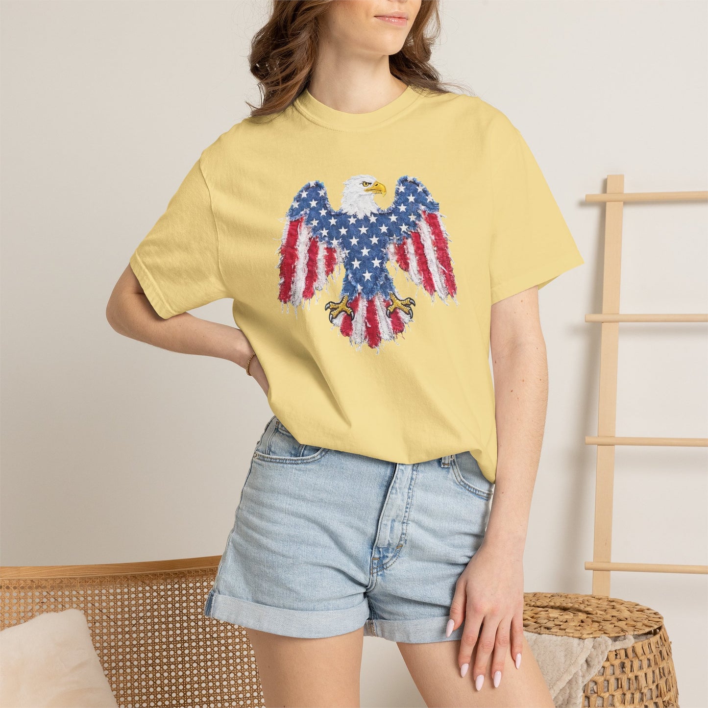 Patriotic Eagle Print T-Shirt — Distressed American Flag Graphic