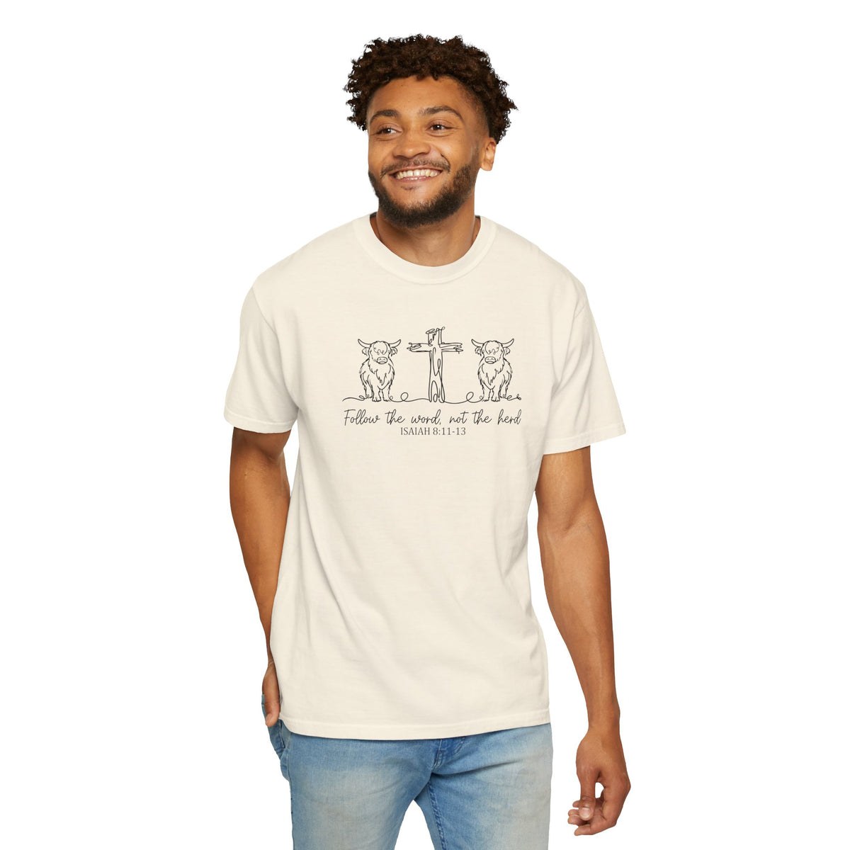 Christian Cross & Cow T-Shirt — "Follow the Word, Not the Herd" Graphic Tee