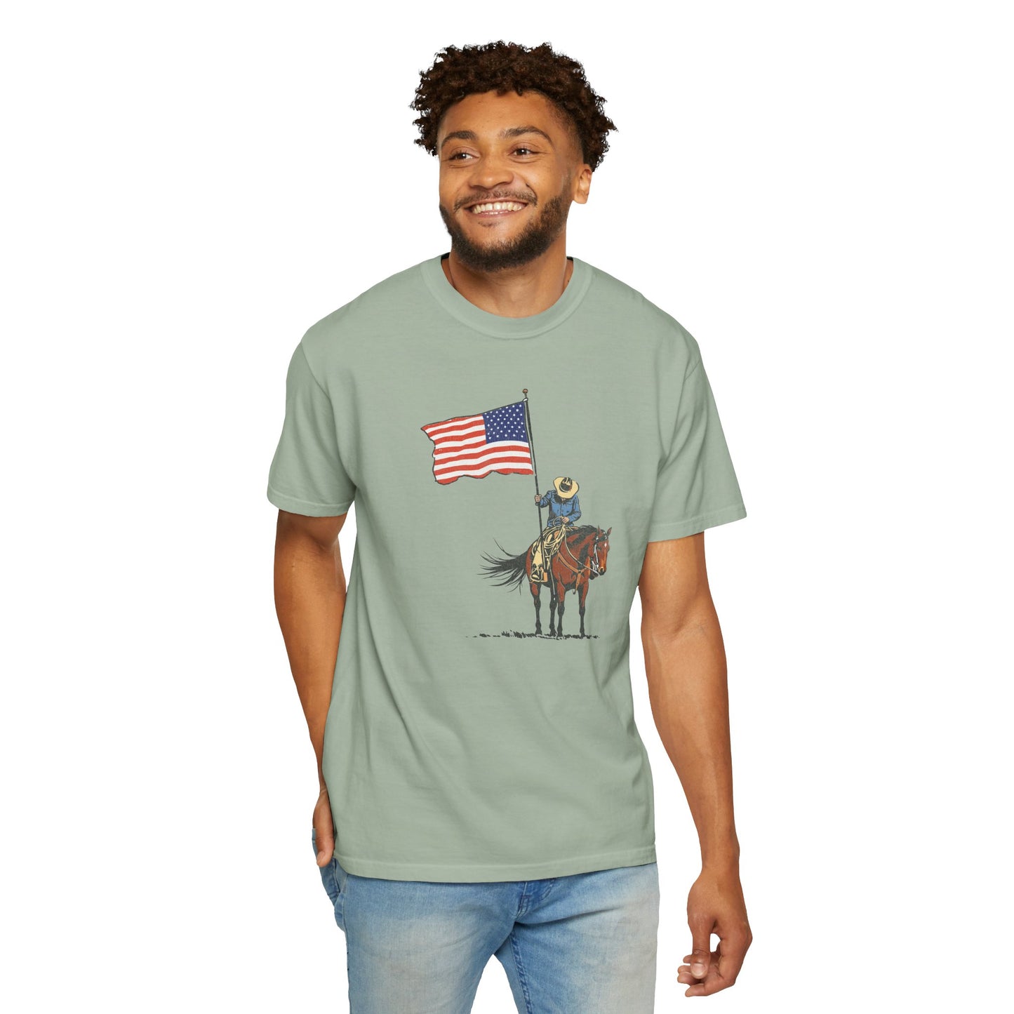 Patriotic Cowboy on Horse T-Shirt – American Flag Western Tee
