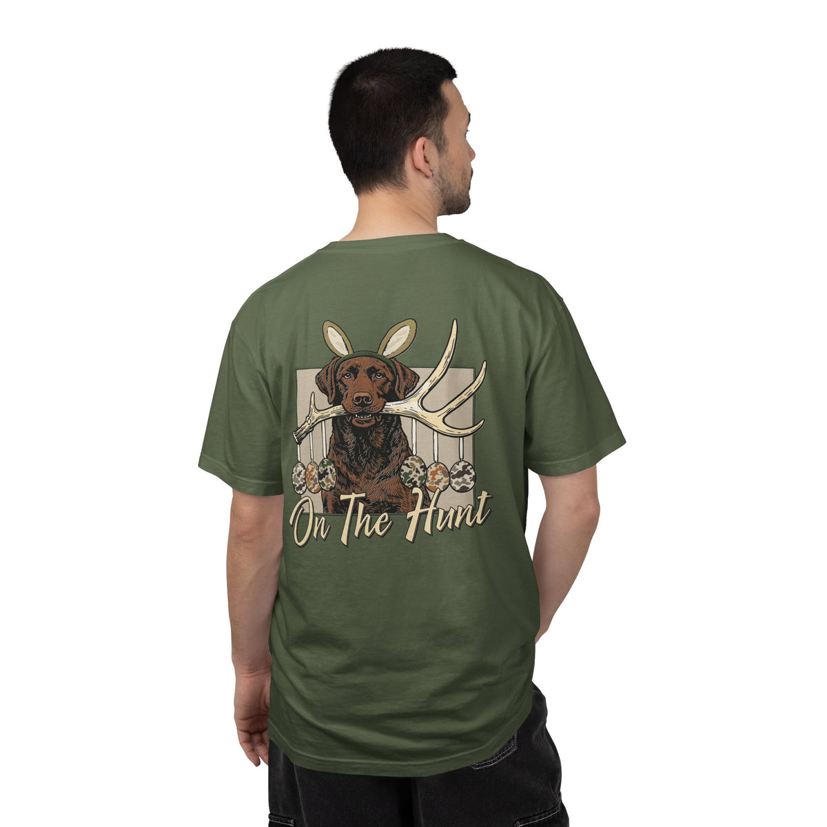 Landon's Easter Brown Lab Hunting Dog Graphic T-Shirt — "On The Hunt" Retro Antler Design