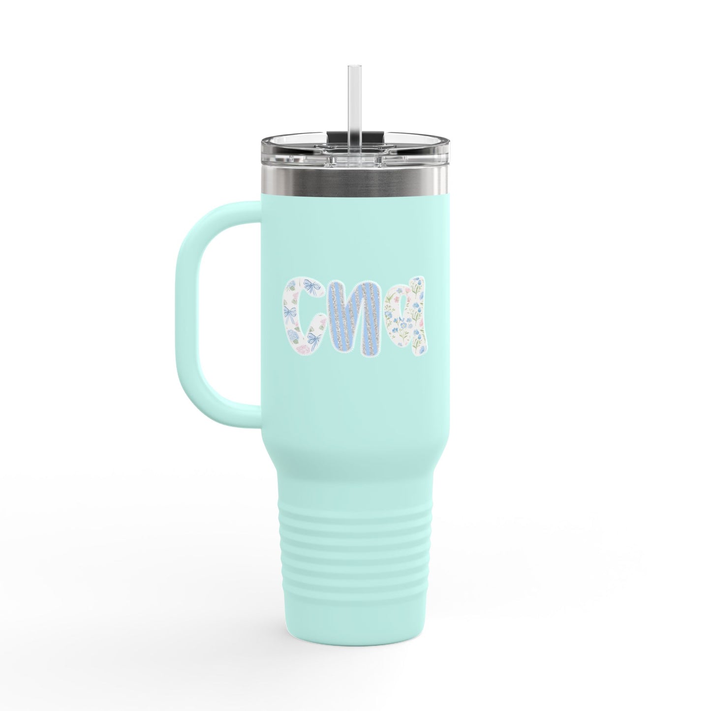 40oz Insulated Travel Mug — Floral Monogram 'CNA' Tumbler with Handle (Keeps Drinks Hot & Cold)