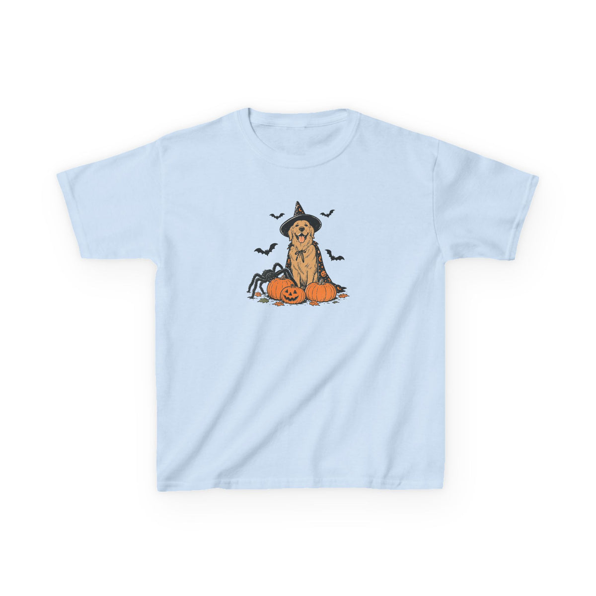 Kids Halloween Witch Tee – Cute Witch Dog with Pumpkins Kids T-Shirt
