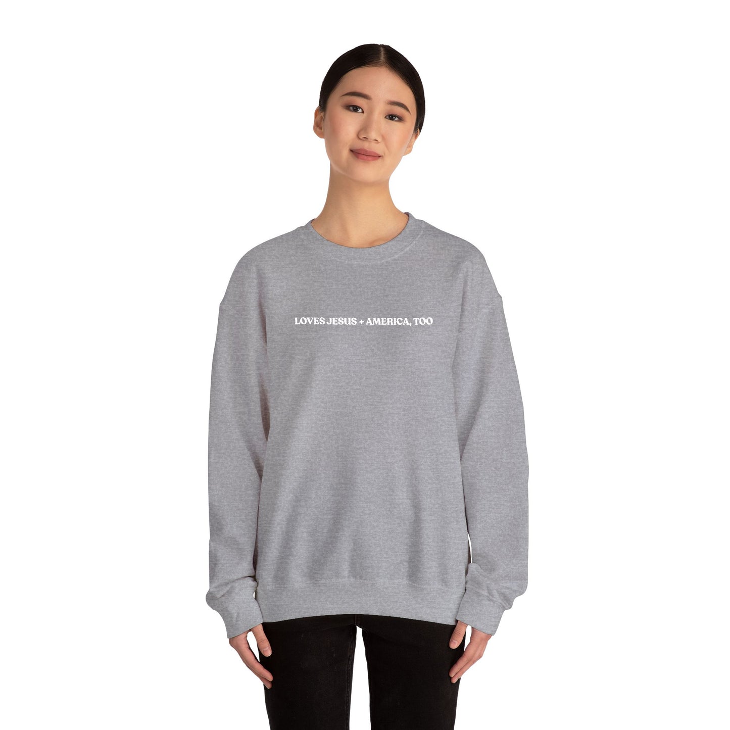 Crewneck Sweatshirt - Minimal White Script "Loves Jesus + America, Too" Embroidered Cozy Casual Pullover