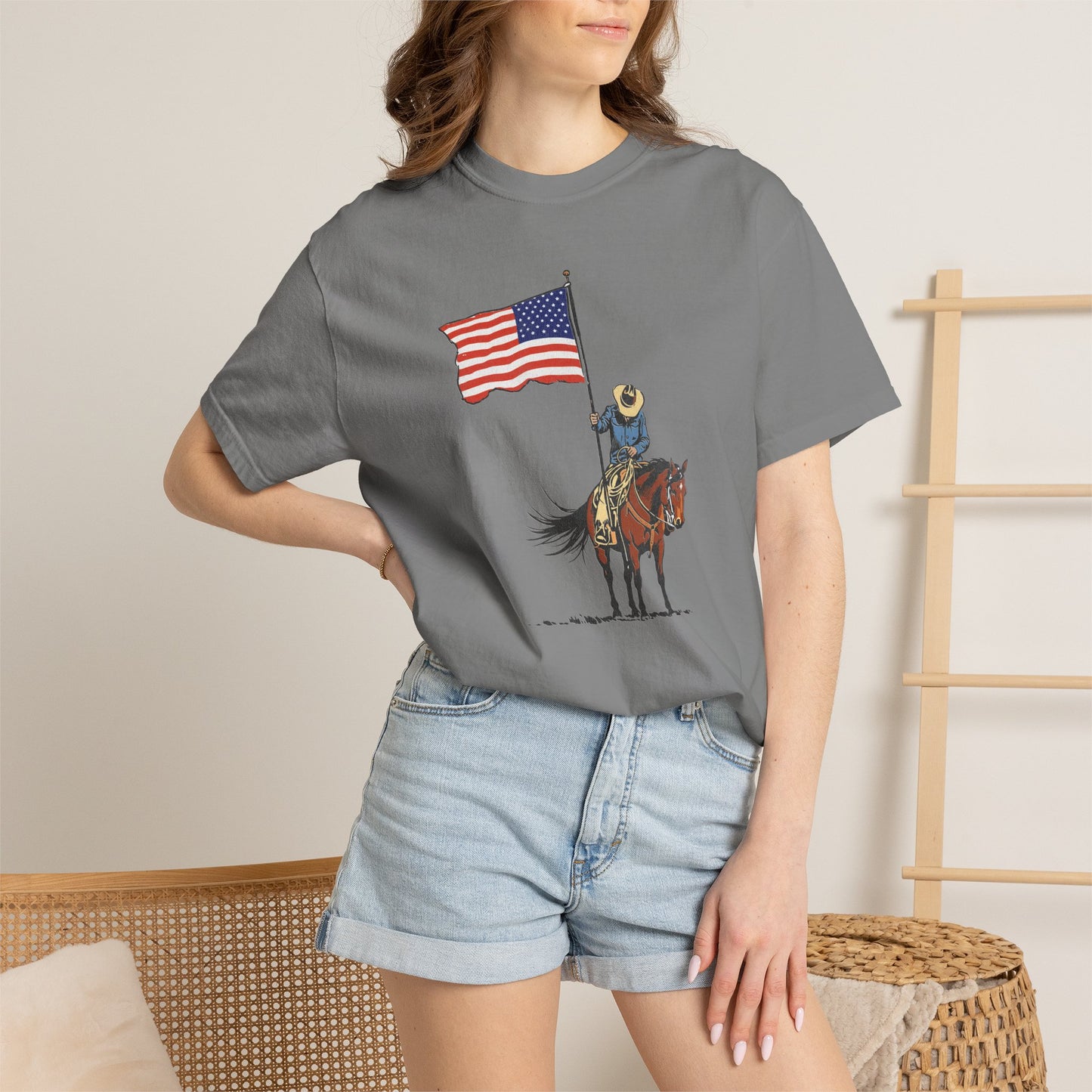 Patriotic Cowboy on Horse T-Shirt – American Flag Western Tee