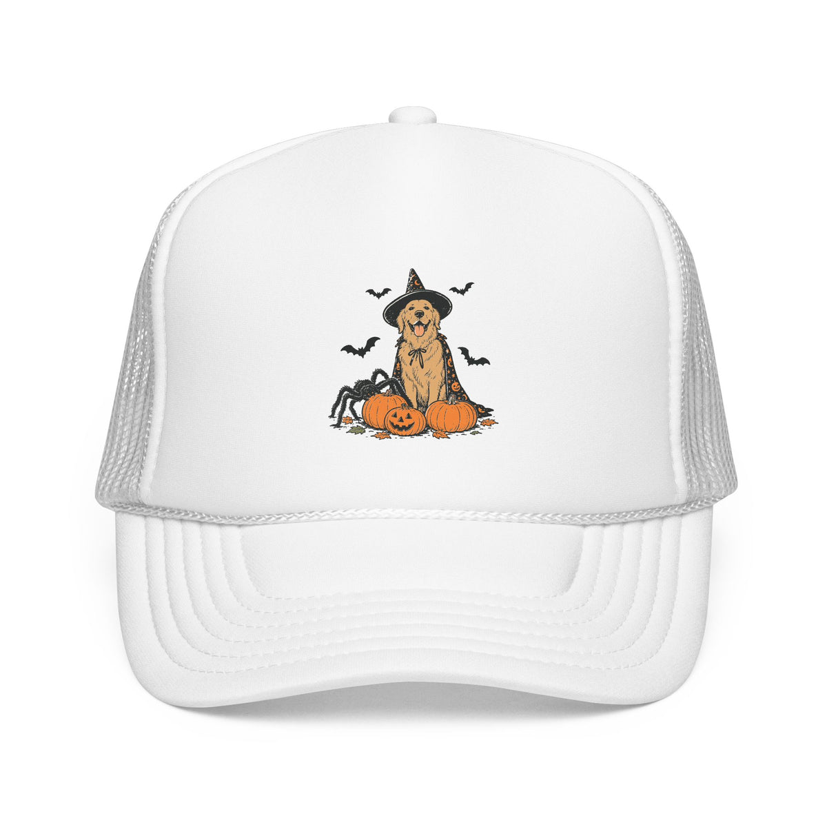 Dog Halloween Trucker Hat — Golden Retriever with Pumpkins & Bats