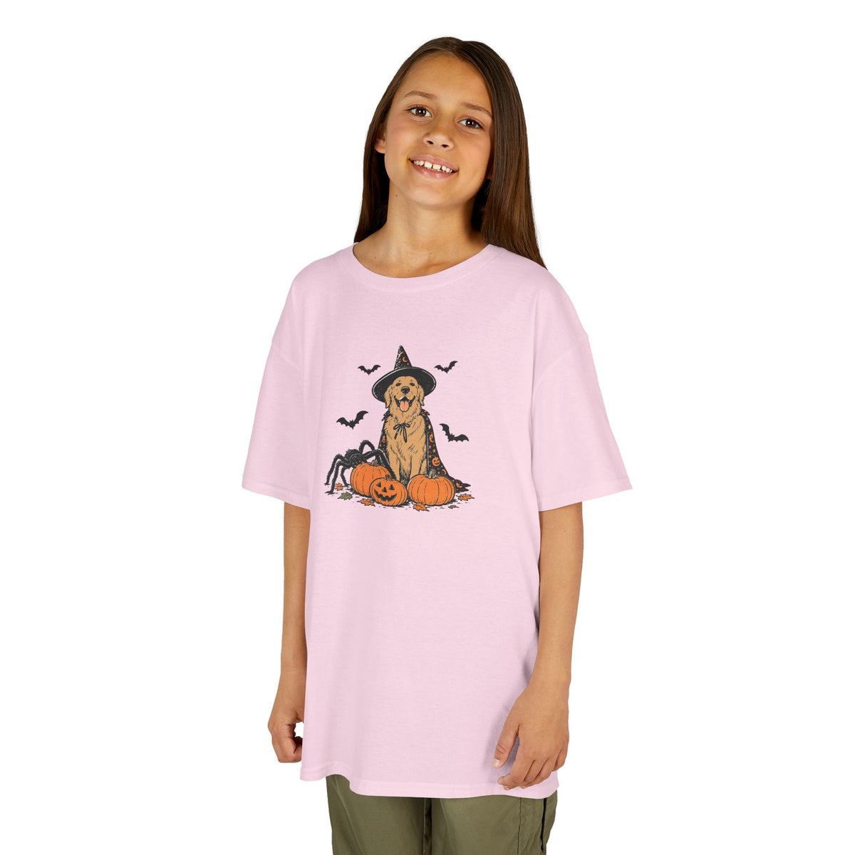 Kids Halloween Witch Tee – Cute Witch Dog with Pumpkins Kids T-Shirt
