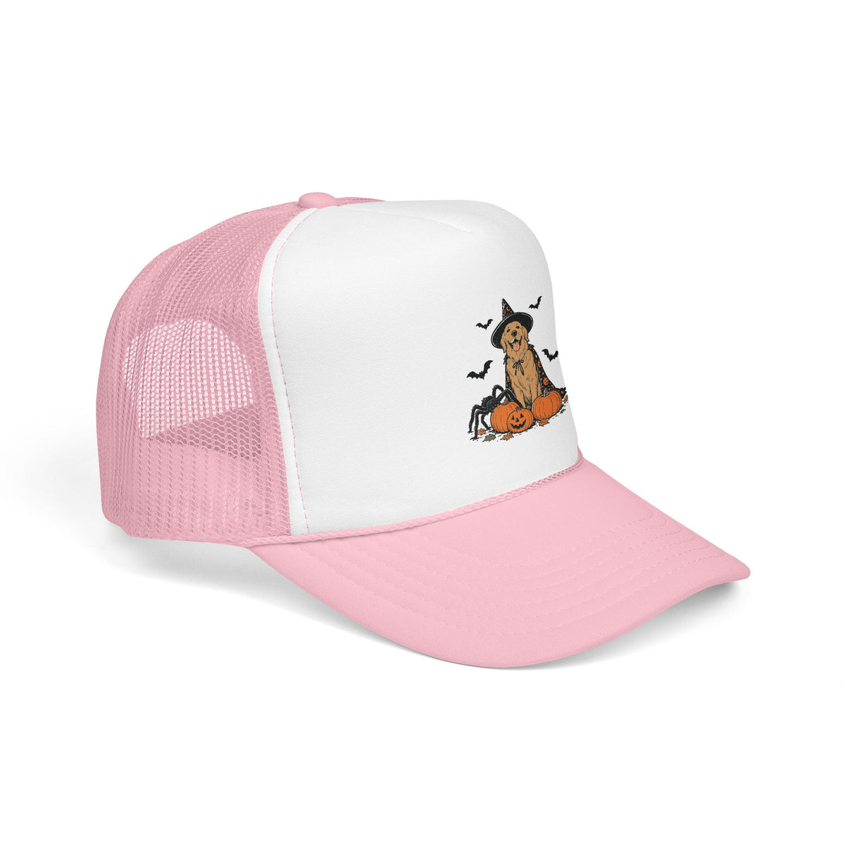 Dog Halloween Trucker Hat — Golden Retriever with Pumpkins & Bats