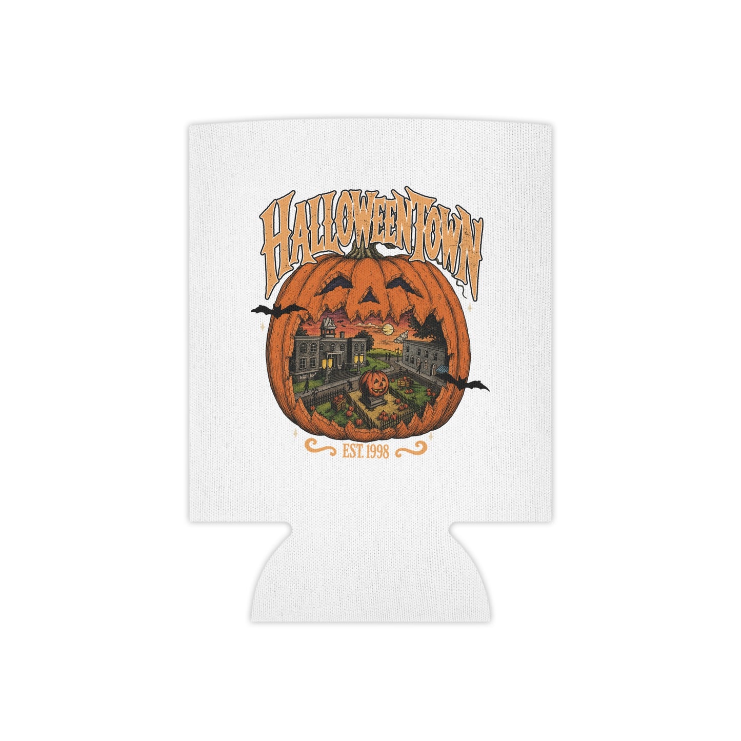 Halloween Town Can Cooler – Retro Pumpkin Village Beverage Koozie (Est. 1998)