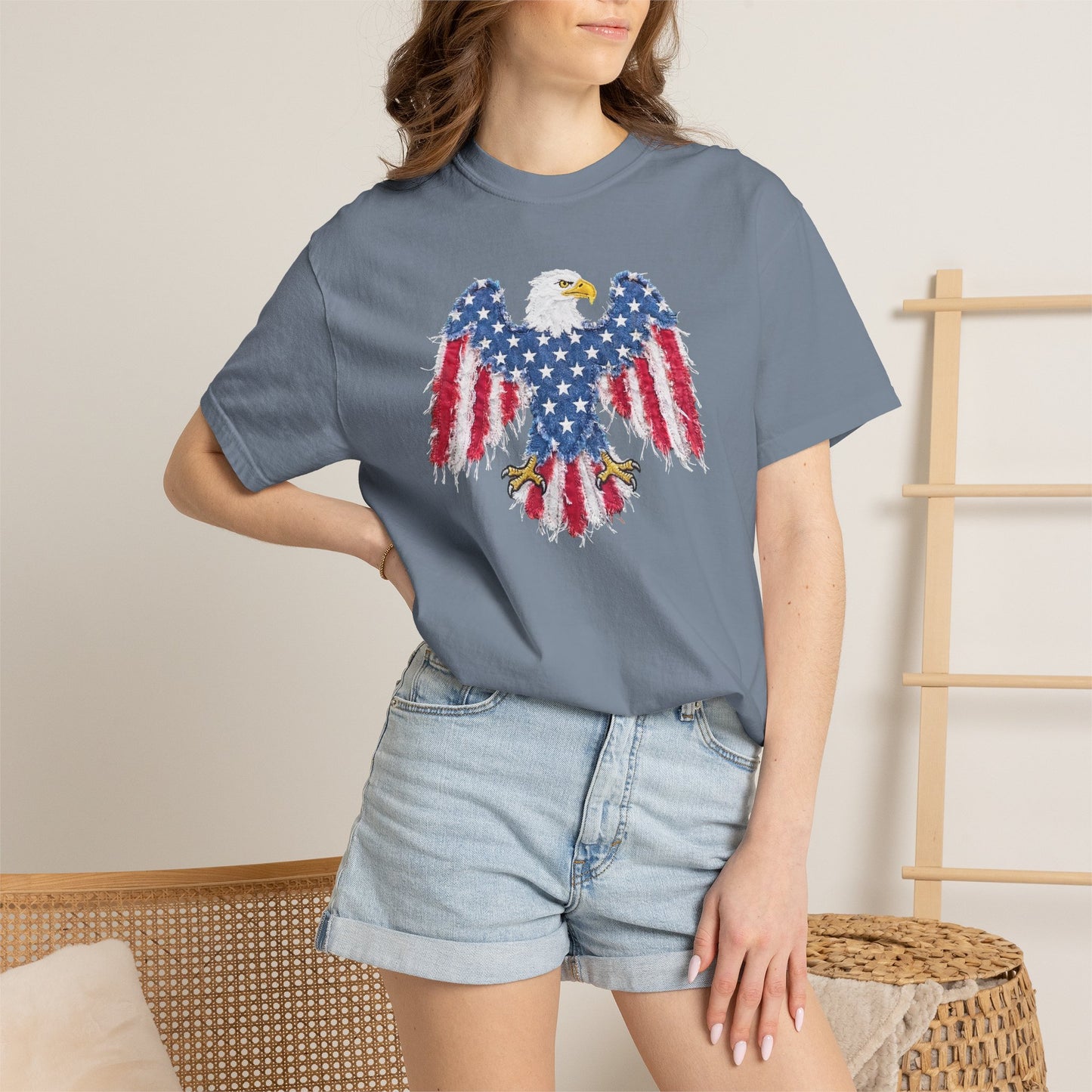 Patriotic Eagle Print T-Shirt — Distressed American Flag Graphic