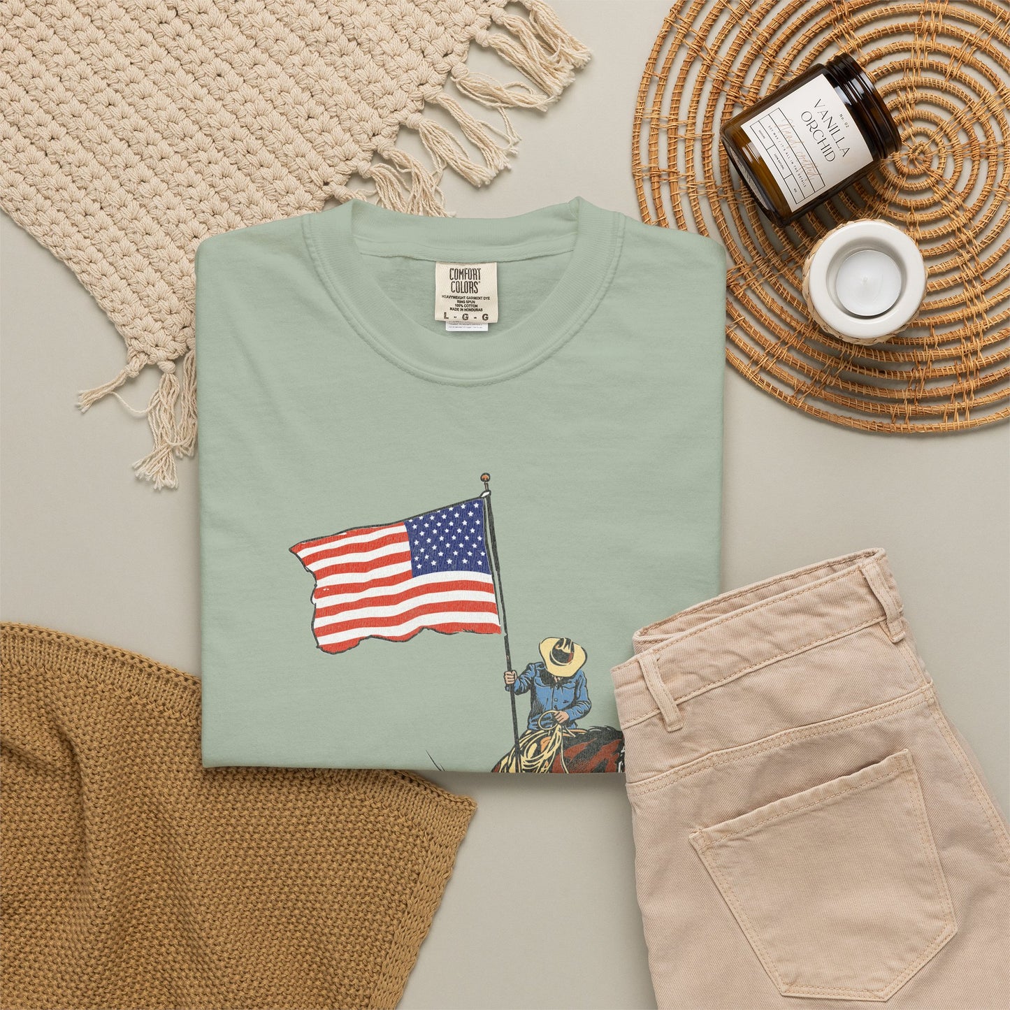 Patriotic Cowboy on Horse T-Shirt – American Flag Western Tee