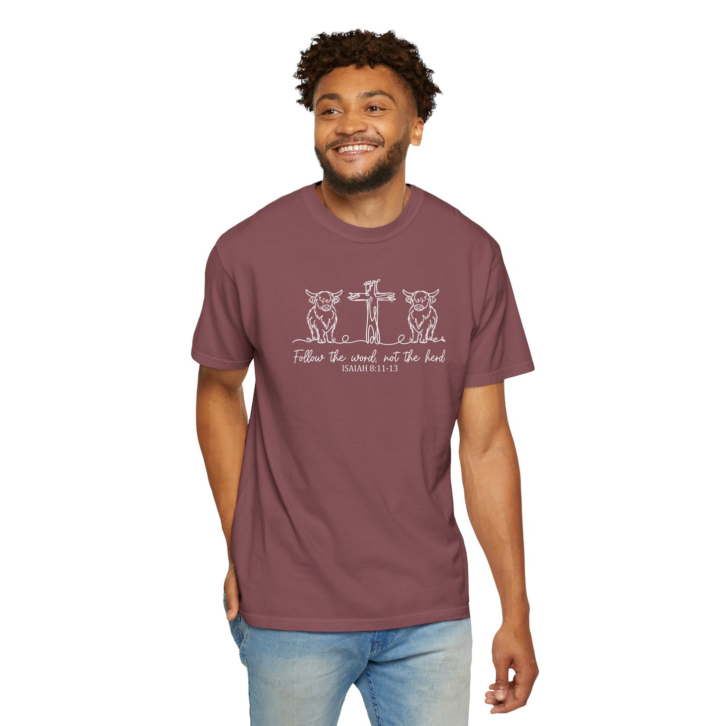 Christian Cross & Cow T-Shirt — "Follow the Word, Not the Herd" Graphic Tee
