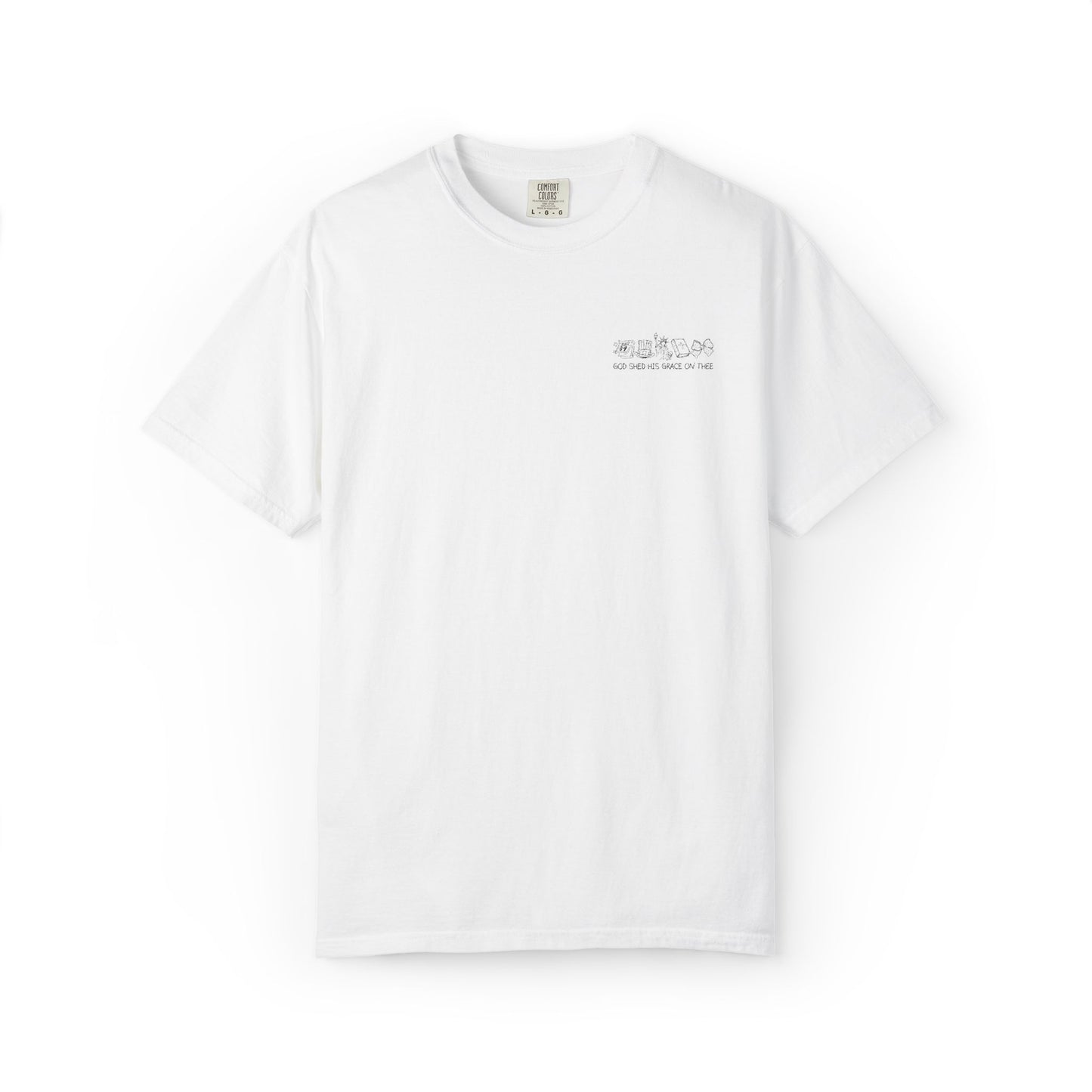"God Shed His Grace on Thee" Chest Embroidered Script Minimalist T‑Shirt — Subtle Pocket Text Design