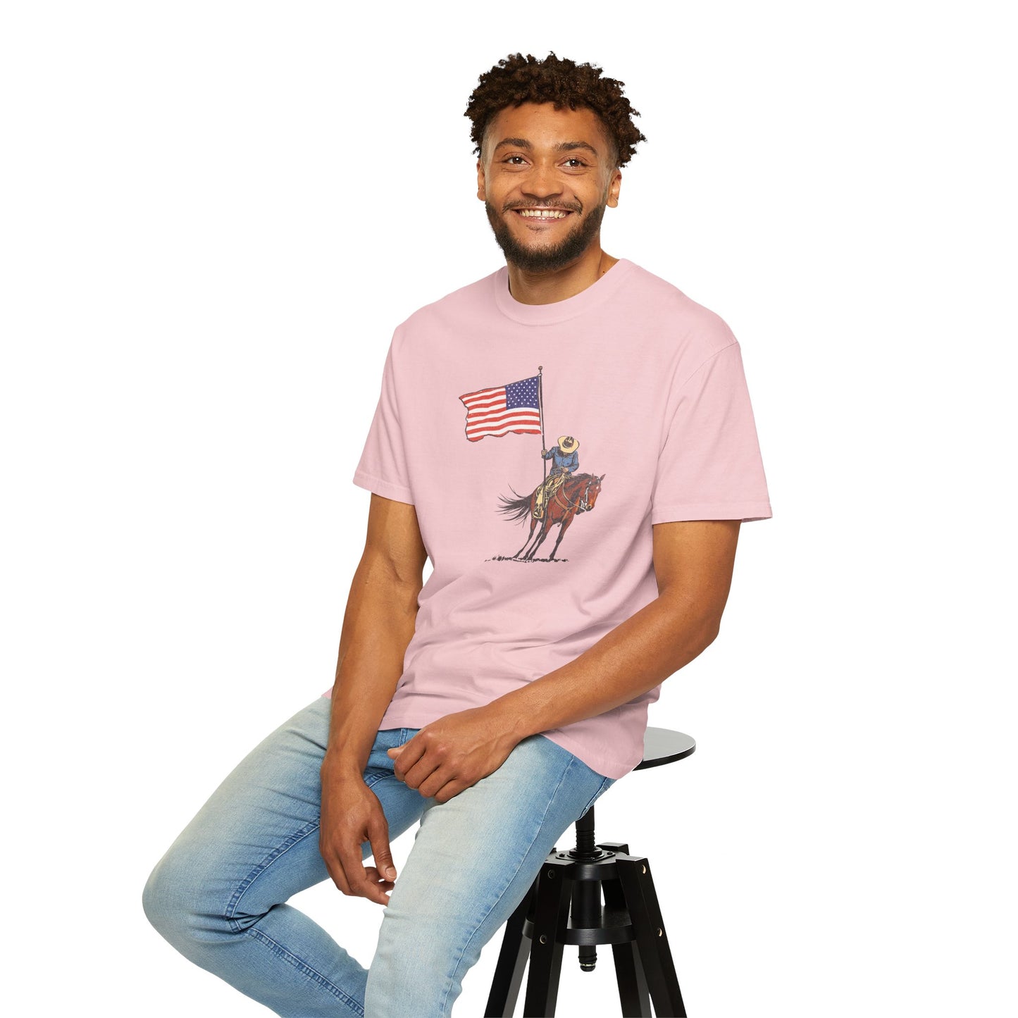 Patriotic Cowboy on Horse T-Shirt – American Flag Western Tee