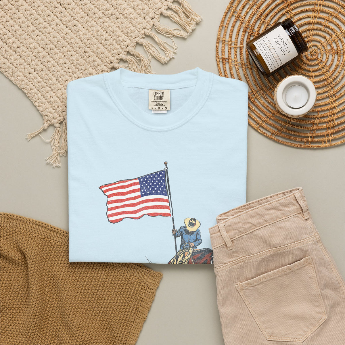 Patriotic Cowboy on Horse T-Shirt – American Flag Western Tee
