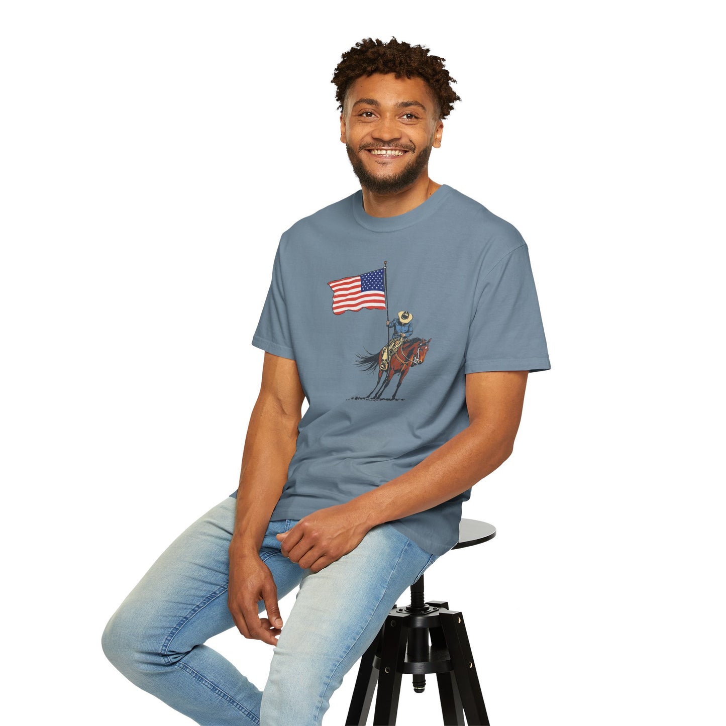 Patriotic Cowboy on Horse T-Shirt – American Flag Western Tee