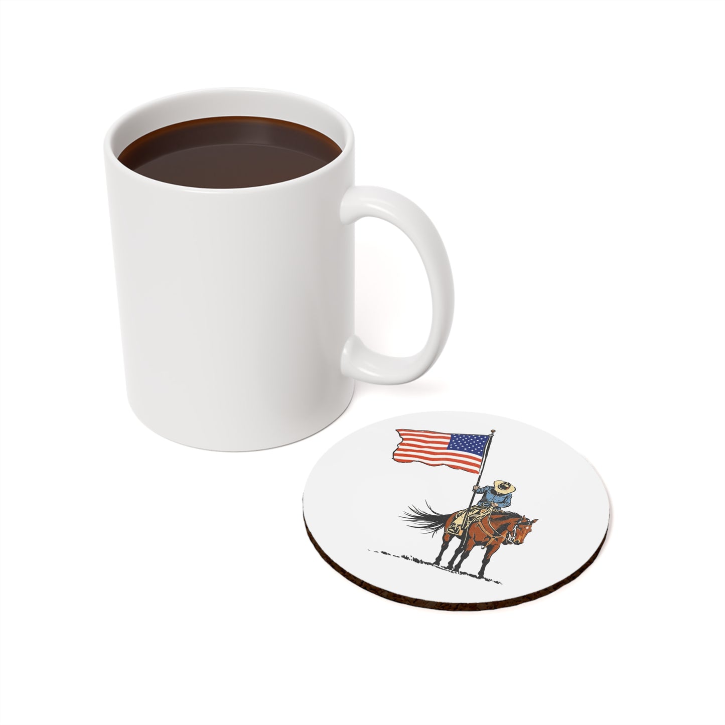 Patriotic Cowboy Coaster — American Flag Horse & Rider Cork Back