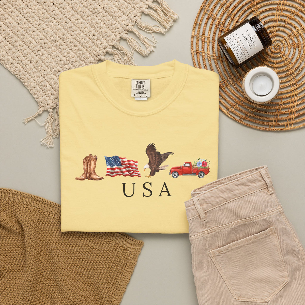 USA Americana Graphic T-Shirt — Boots, Flag, Eagle & Truck Design