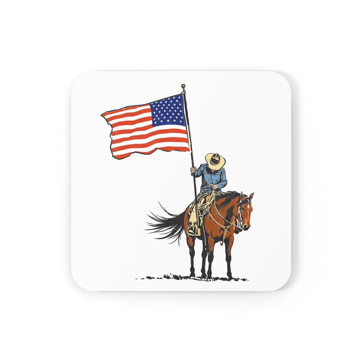 Patriotic Cowboy Coaster — American Flag Horse & Rider Cork Back