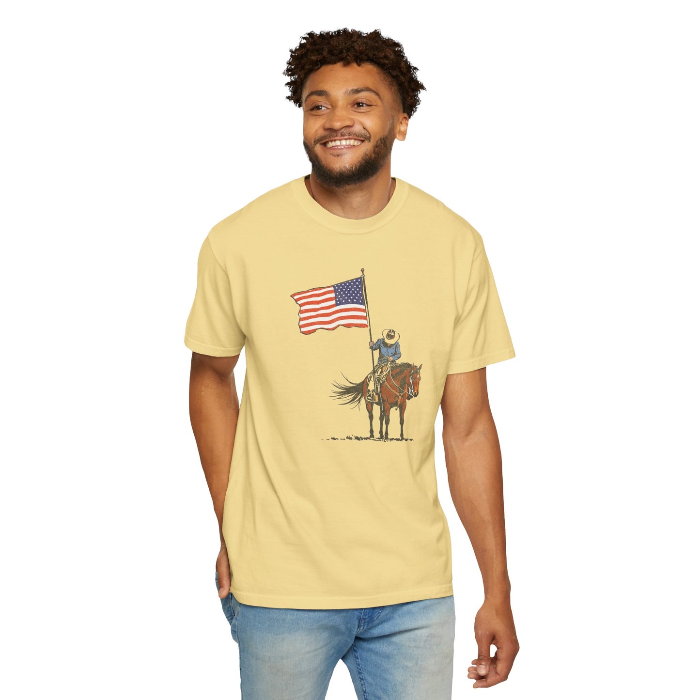 Patriotic Cowboy on Horse T-Shirt – American Flag Western Tee