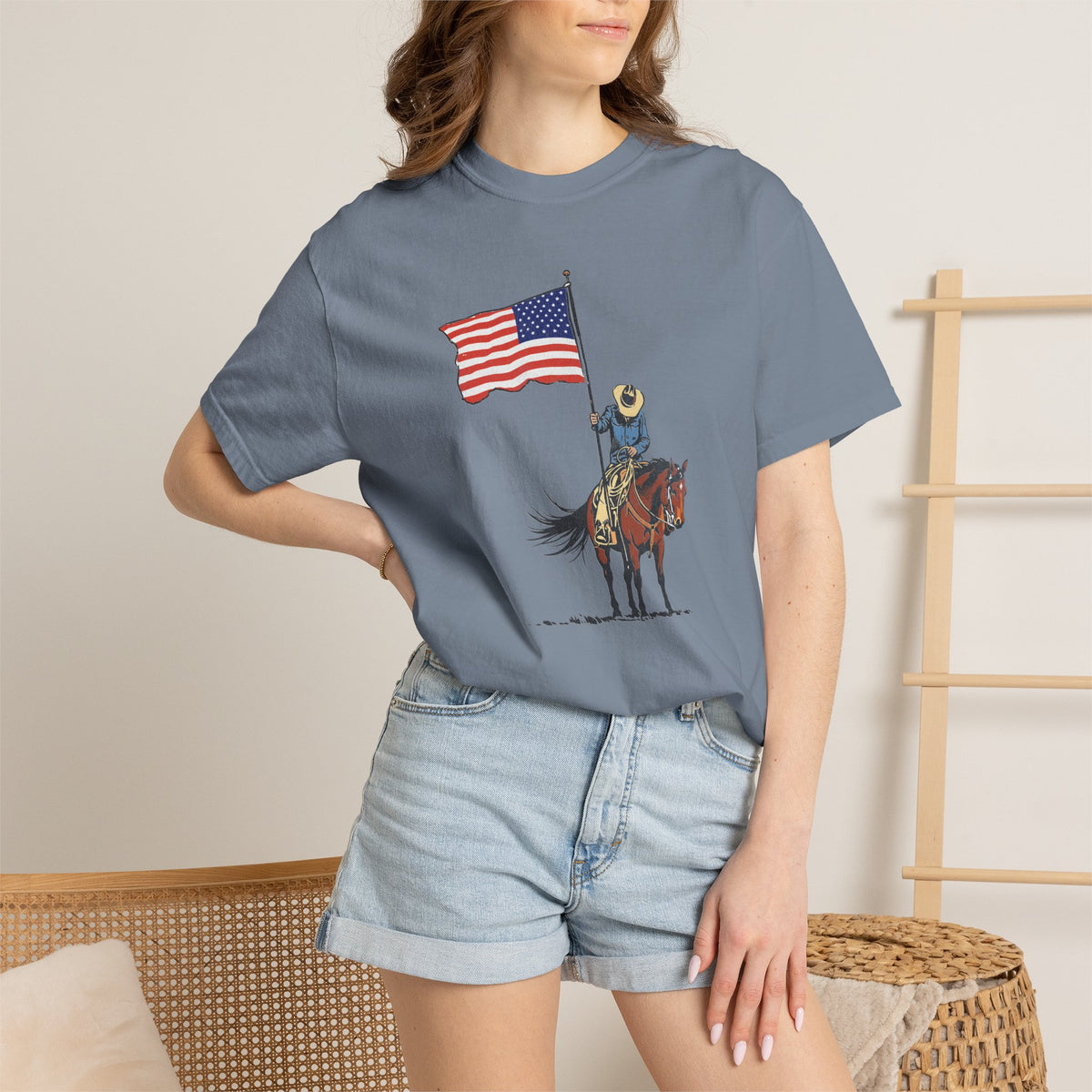 Patriotic Cowboy on Horse T-Shirt – American Flag Western Tee