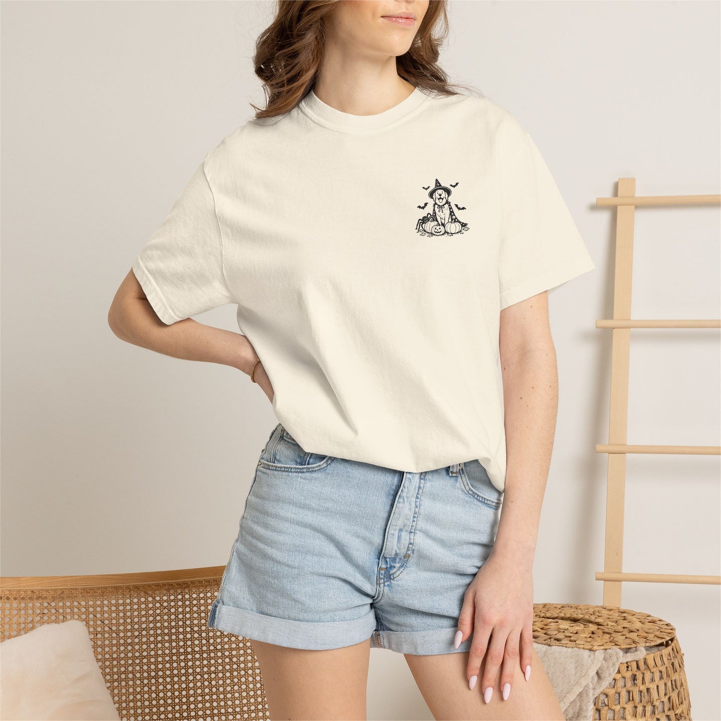 Pocket Spooky Golden Retriever Fall T-Shirt — Embroidered