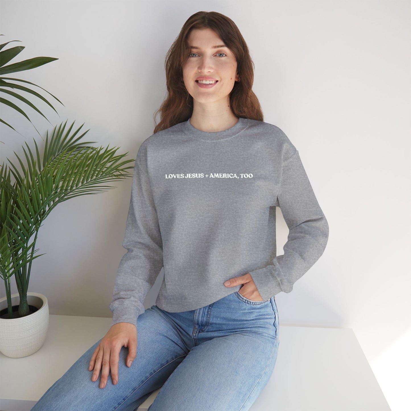 Crewneck Sweatshirt - Minimal White Script "Loves Jesus + America, Too" Embroidered Cozy Casual Pullover
