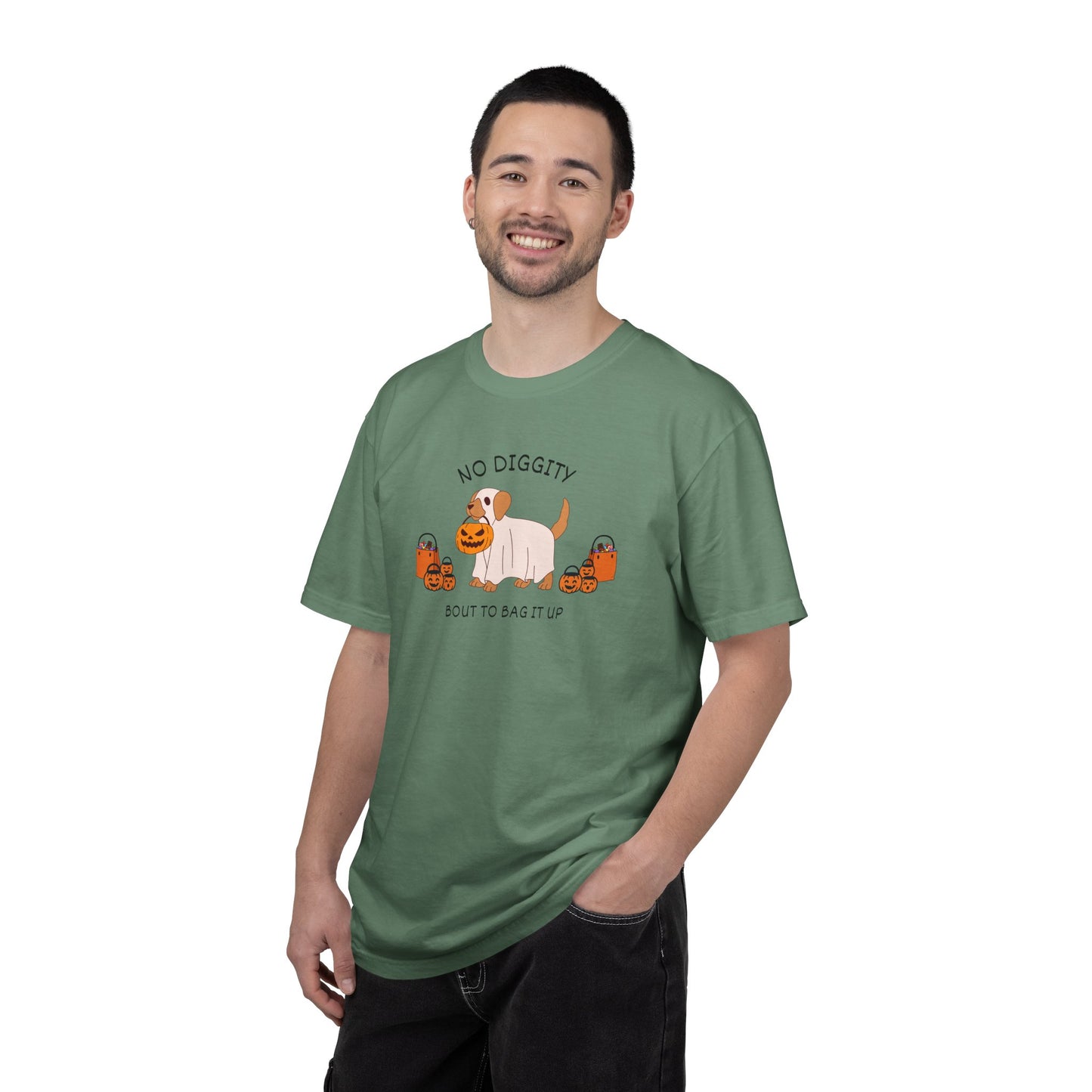 No Diggity Dog T-Shirt — Cute Puppy with Pumpkins "Bout to Bag It Up"