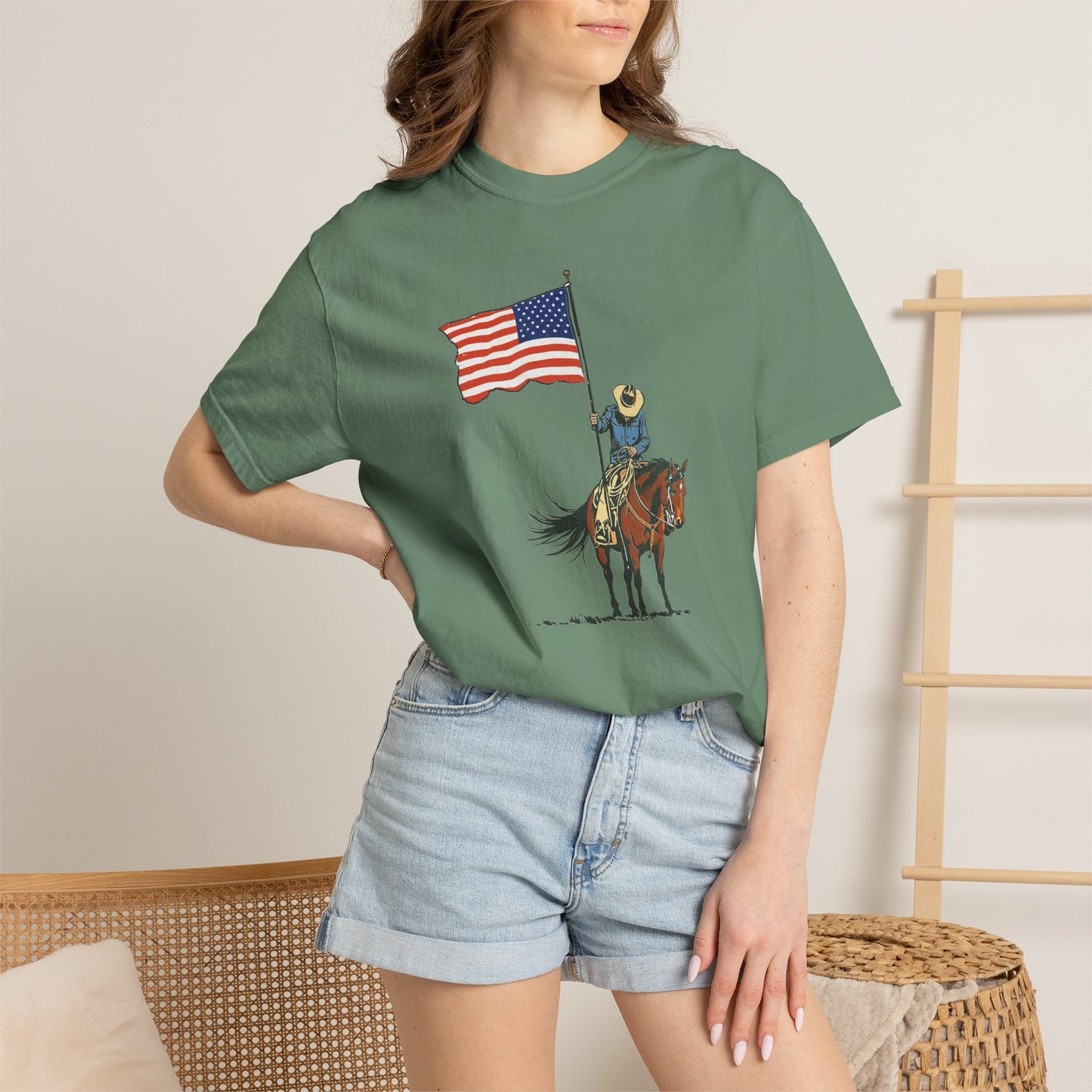 Patriotic Cowboy on Horse T-Shirt – American Flag Western Tee