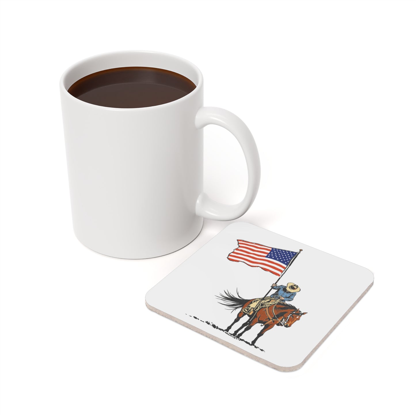 Patriotic Cowboy Coaster — American Flag Horse & Rider Cork Back