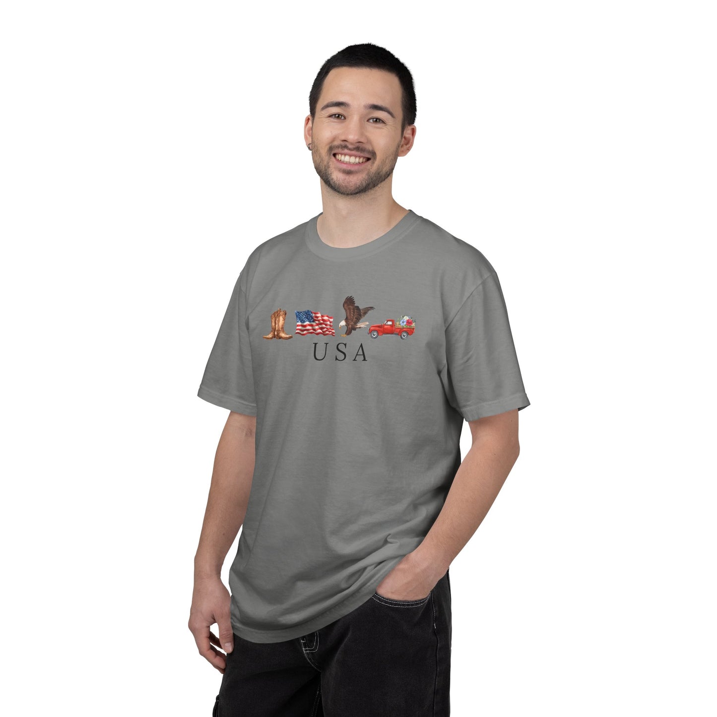 USA Americana Graphic T-Shirt — Boots, Flag, Eagle & Truck Design