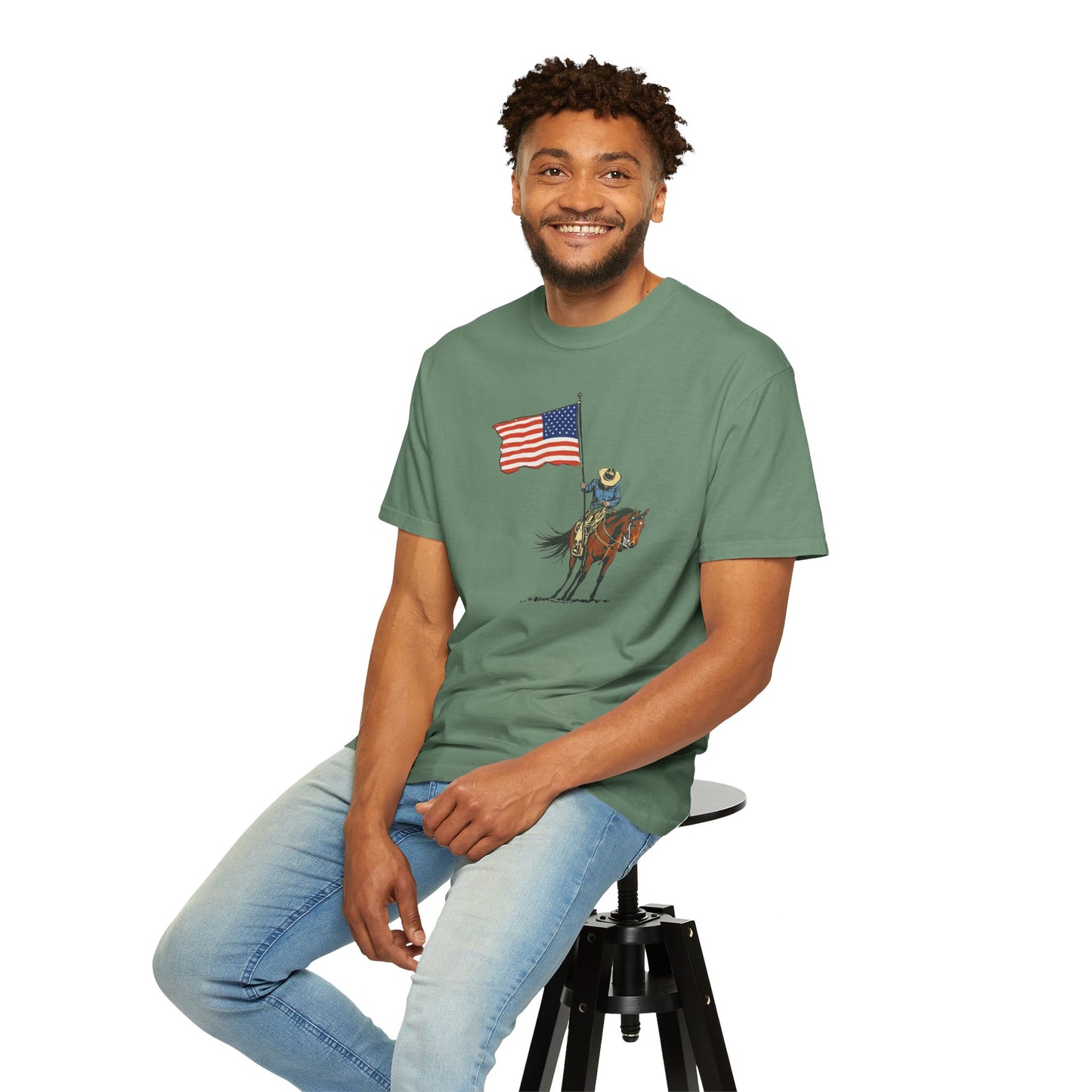 Patriotic Cowboy on Horse T-Shirt – American Flag Western Tee