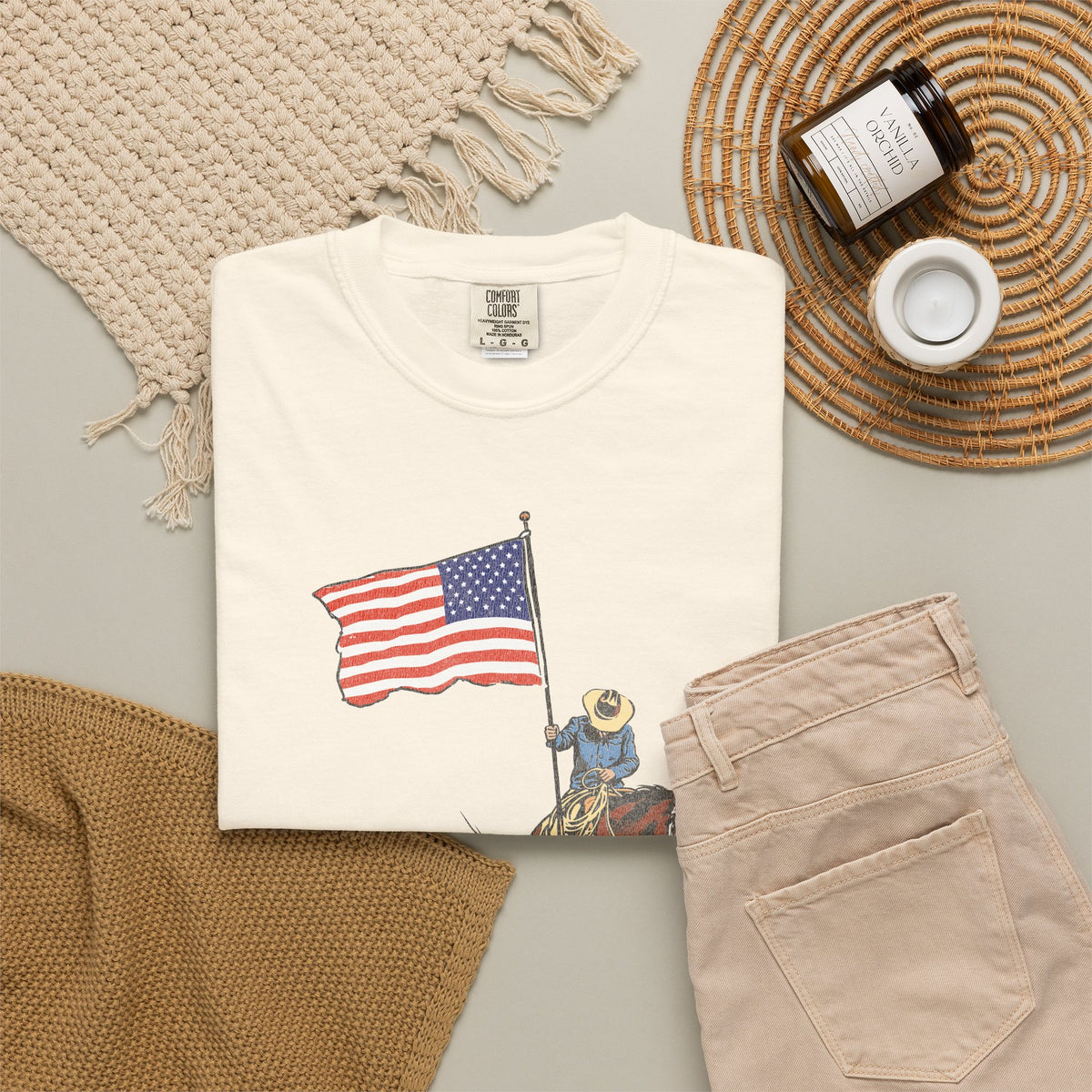 Patriotic Cowboy on Horse T-Shirt – American Flag Western Tee