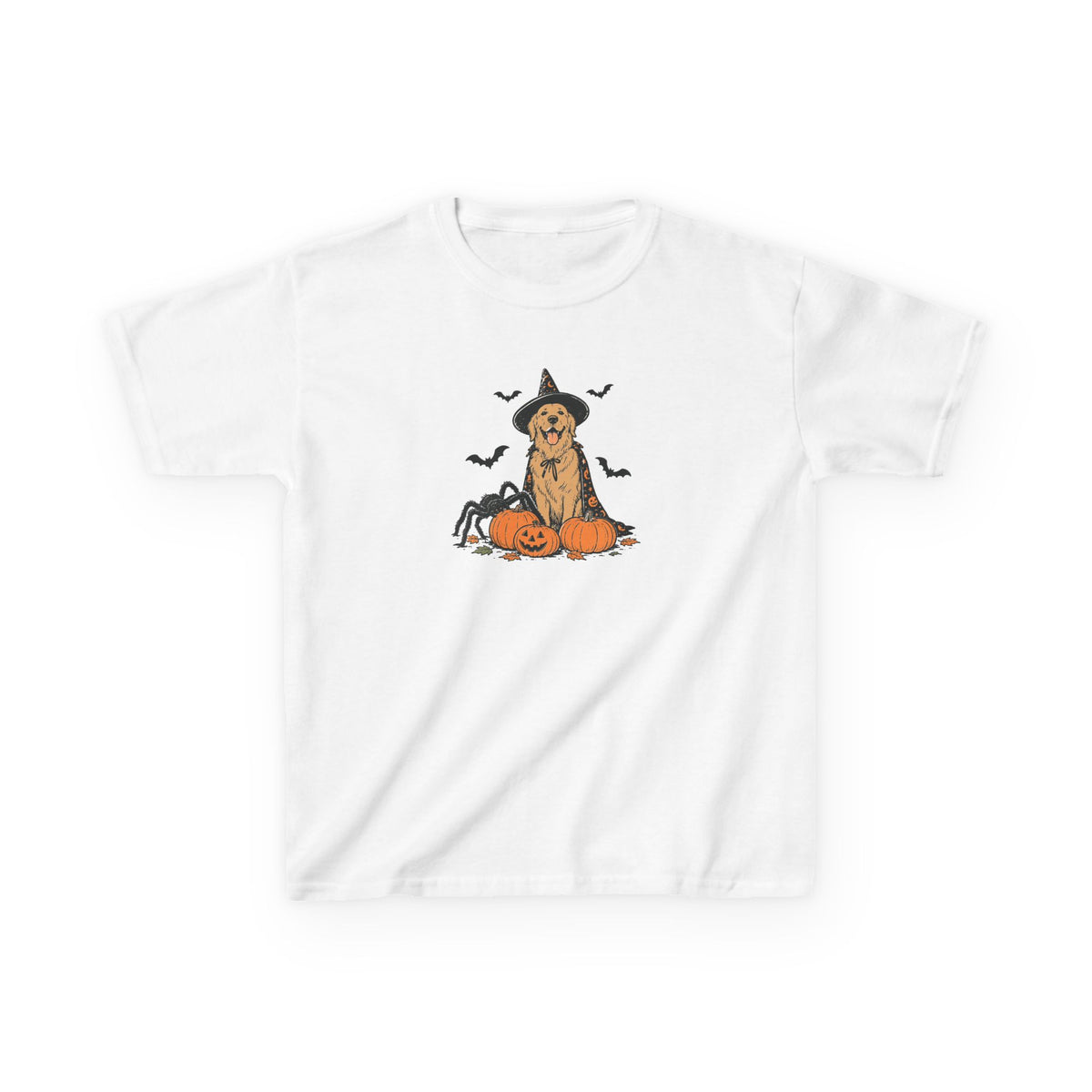 Kids Halloween Witch Tee – Cute Witch Dog with Pumpkins Kids T-Shirt