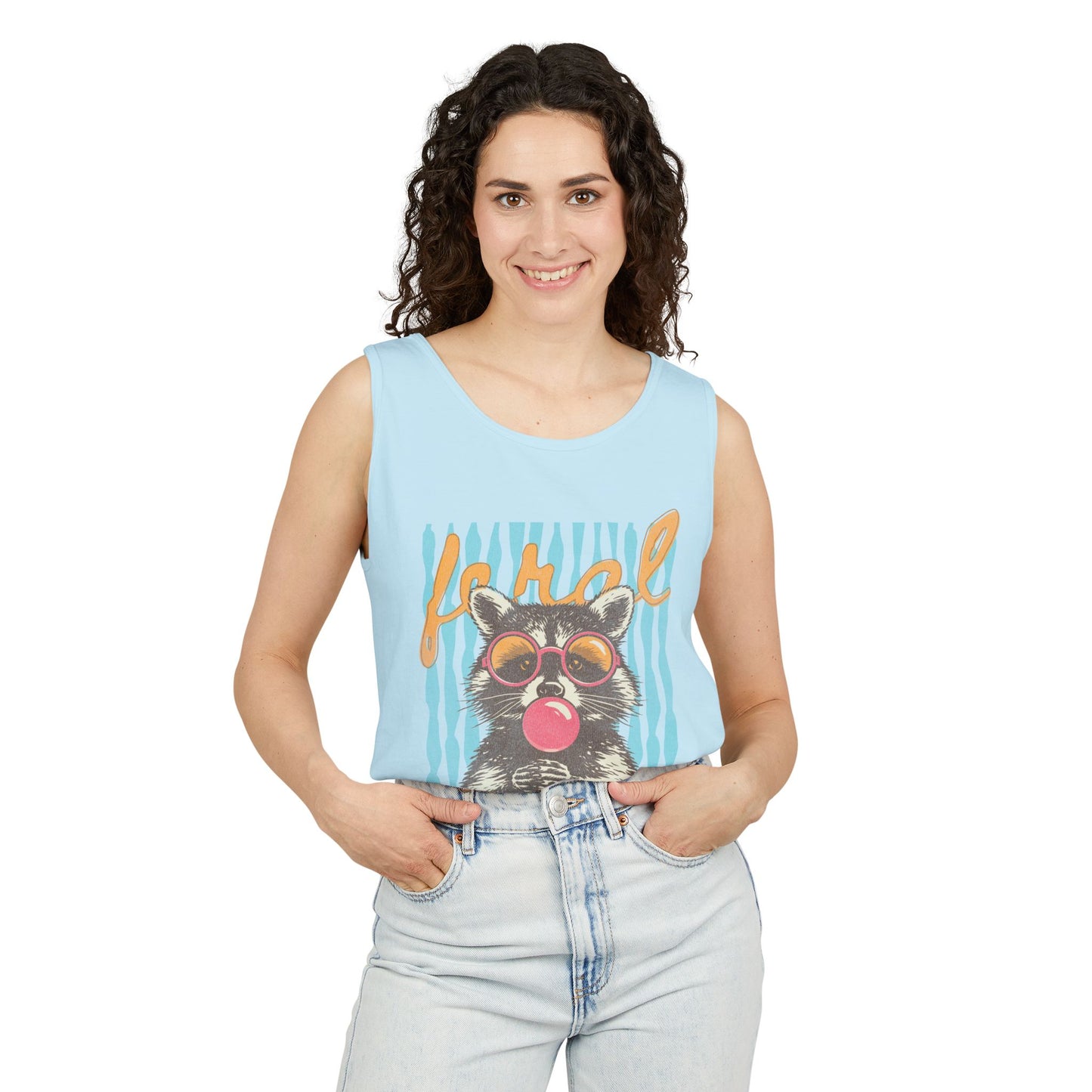 Raccoon Bubblegum Tank Top — Retro 'Hello' Graphic Summer Tee