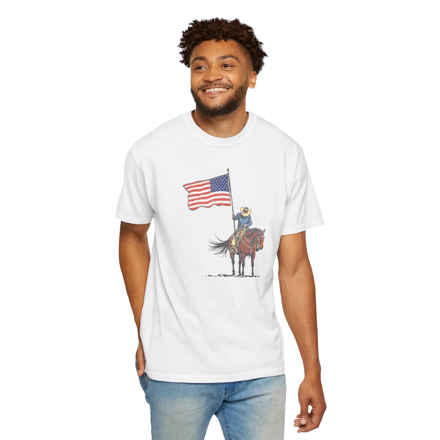 Patriotic Cowboy on Horse T-Shirt – American Flag Western Tee