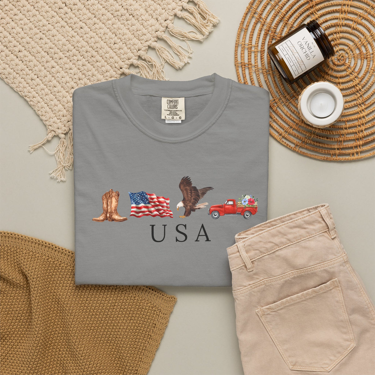 USA Americana Graphic T-Shirt — Boots, Flag, Eagle & Truck Design