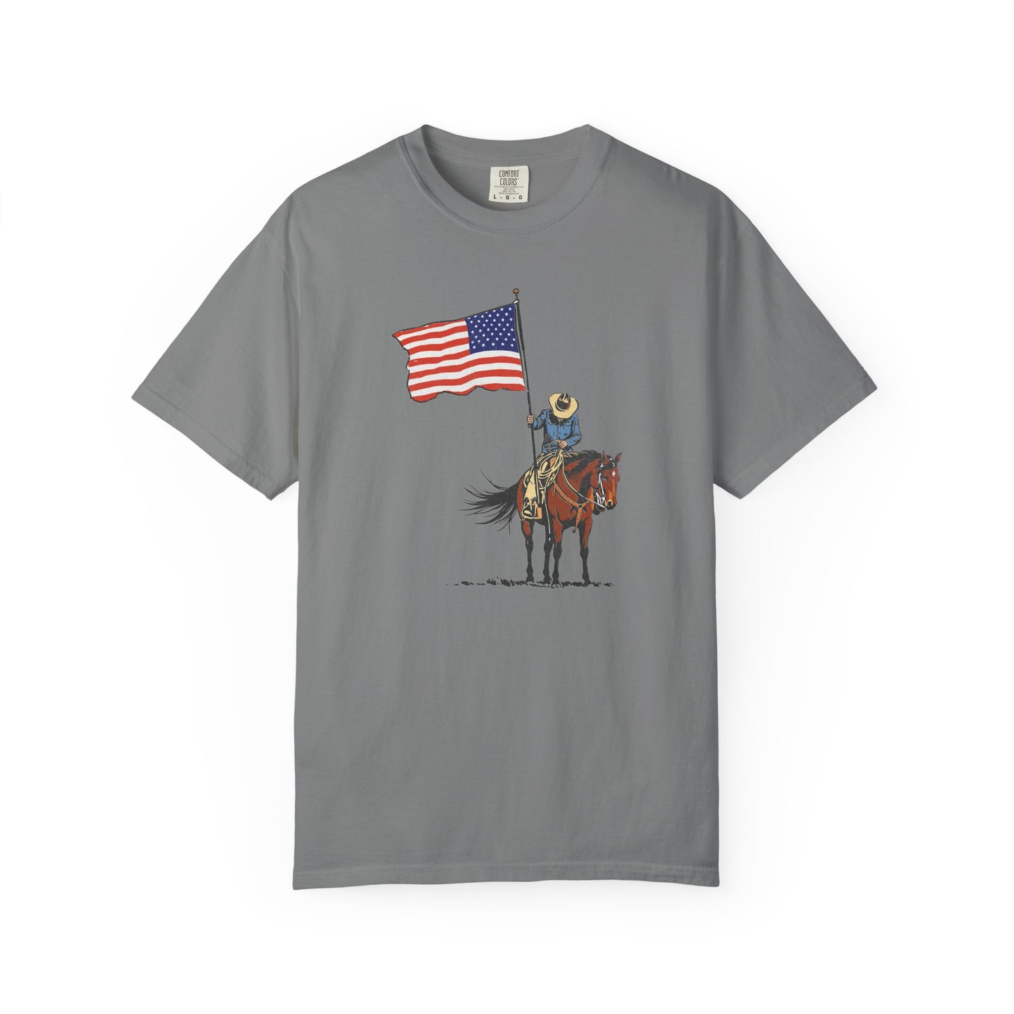 Patriotic Cowboy on Horse T-Shirt – American Flag Western Tee