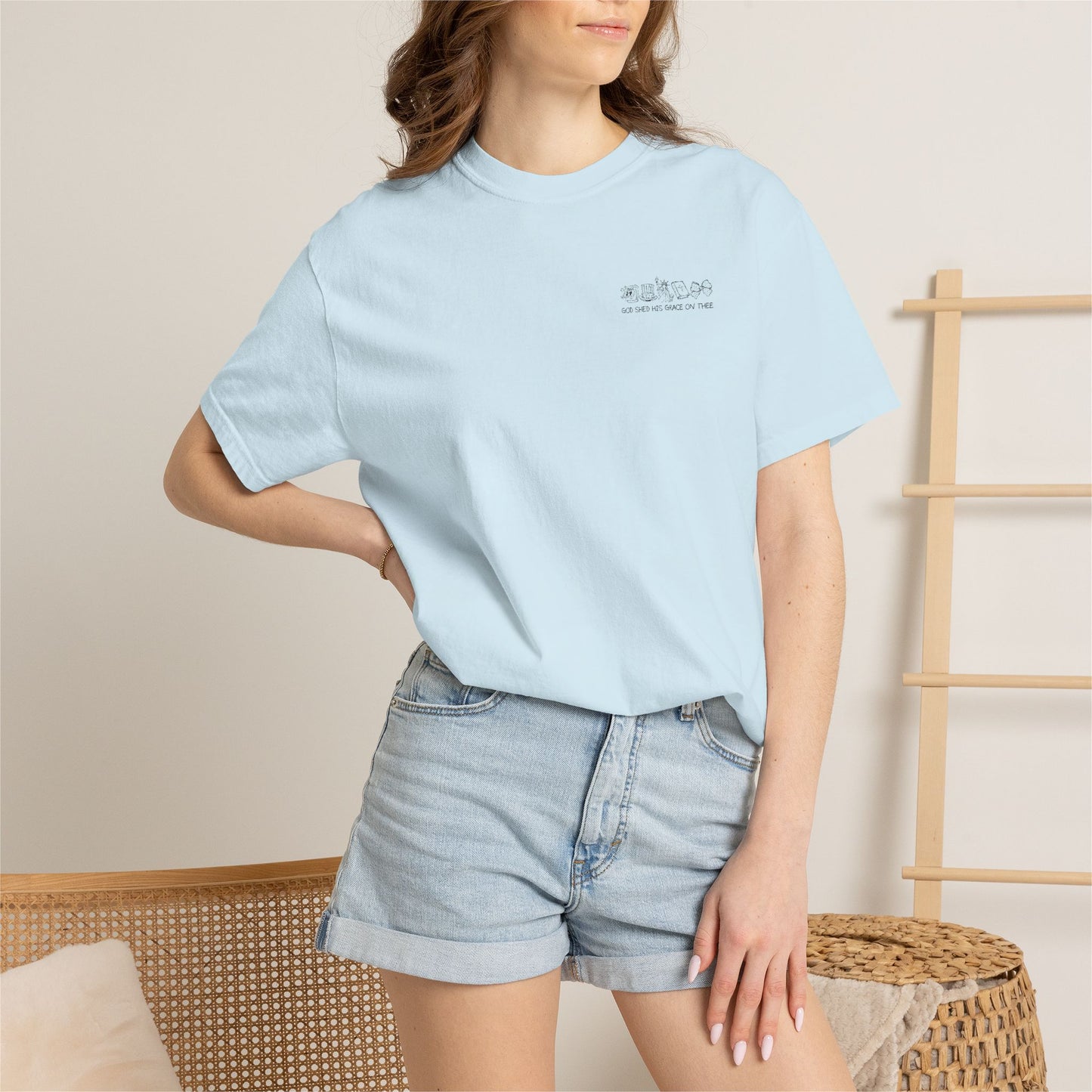 "God Shed His Grace on Thee" Chest Embroidered Script Minimalist T‑Shirt — Subtle Pocket Text Design