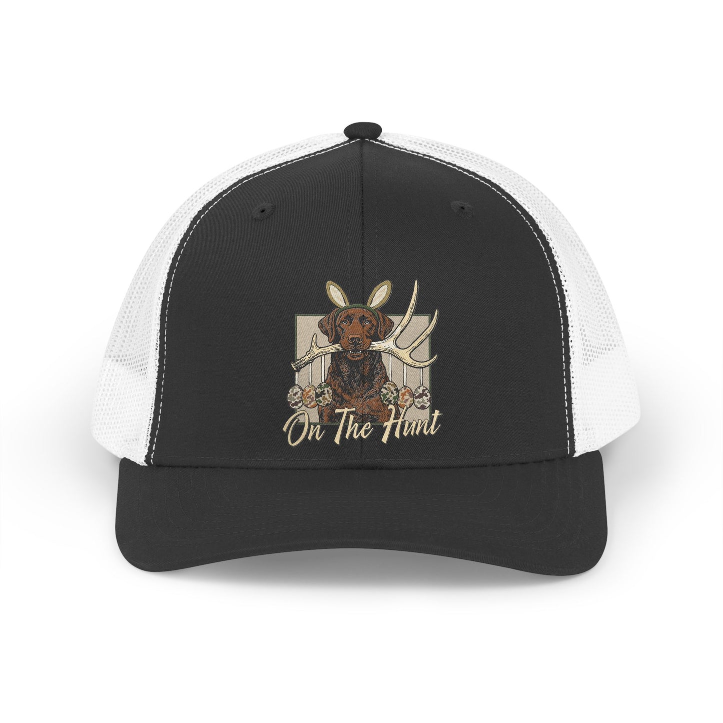 Landon's Retro Hunting Trucker Hat — "On The Hunt" Dog & Antlers Mesh Cap