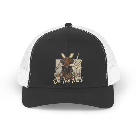 Landon's Retro Hunting Trucker Hat — "On The Hunt" Dog & Antlers Mesh Cap