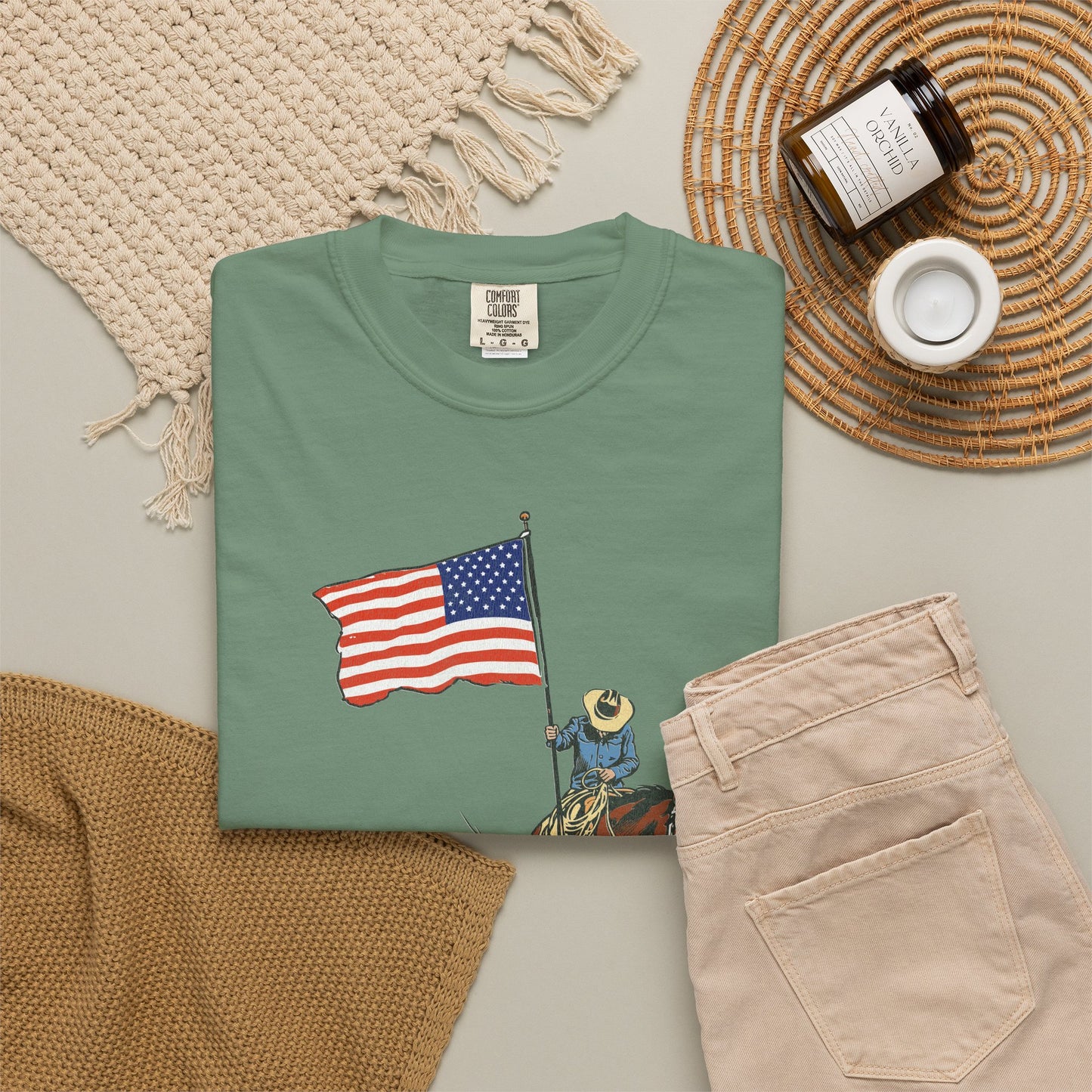 Patriotic Cowboy on Horse T-Shirt – American Flag Western Tee